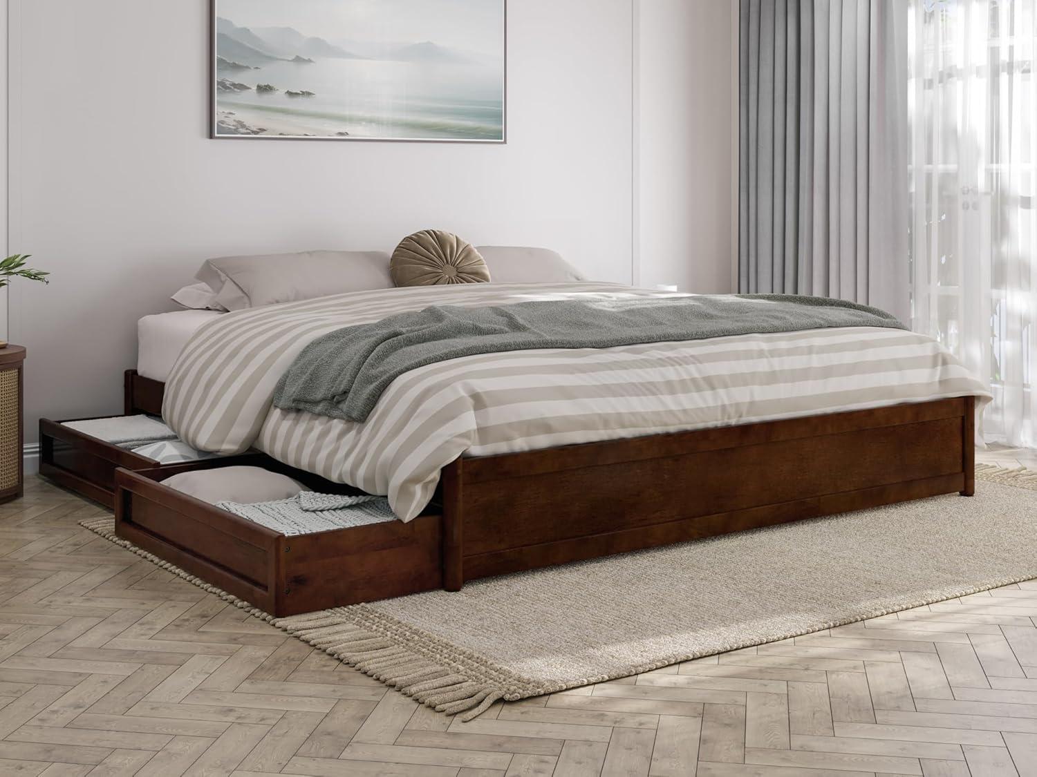 Barcelona King Solid Wood Panel Platform Bed with Storage Drawers in Walnut