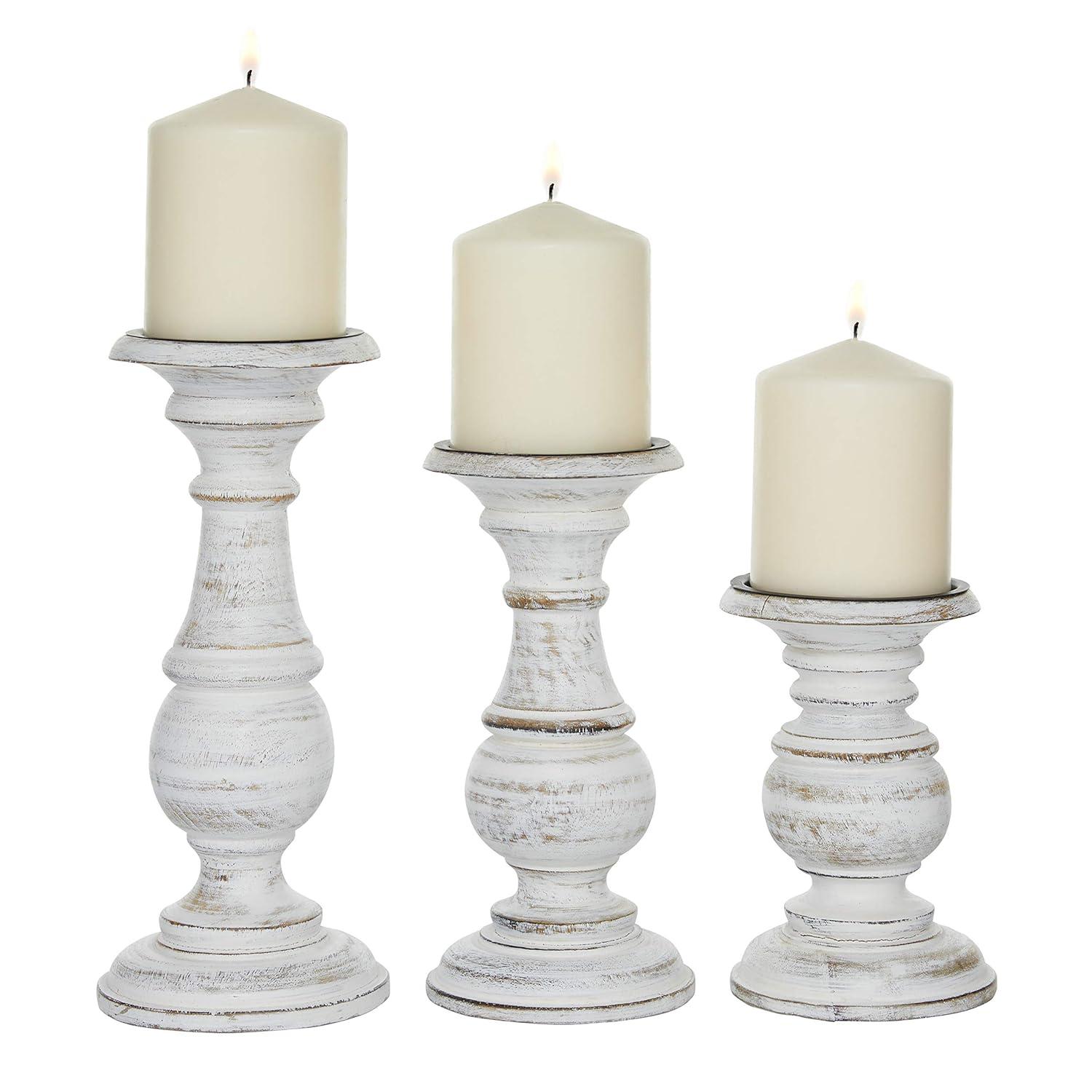 Set of 3 Rustic Pillar Candle Holder White - Olivia & May: Elegant Mango Wood, Sturdy Base, Indoor Use