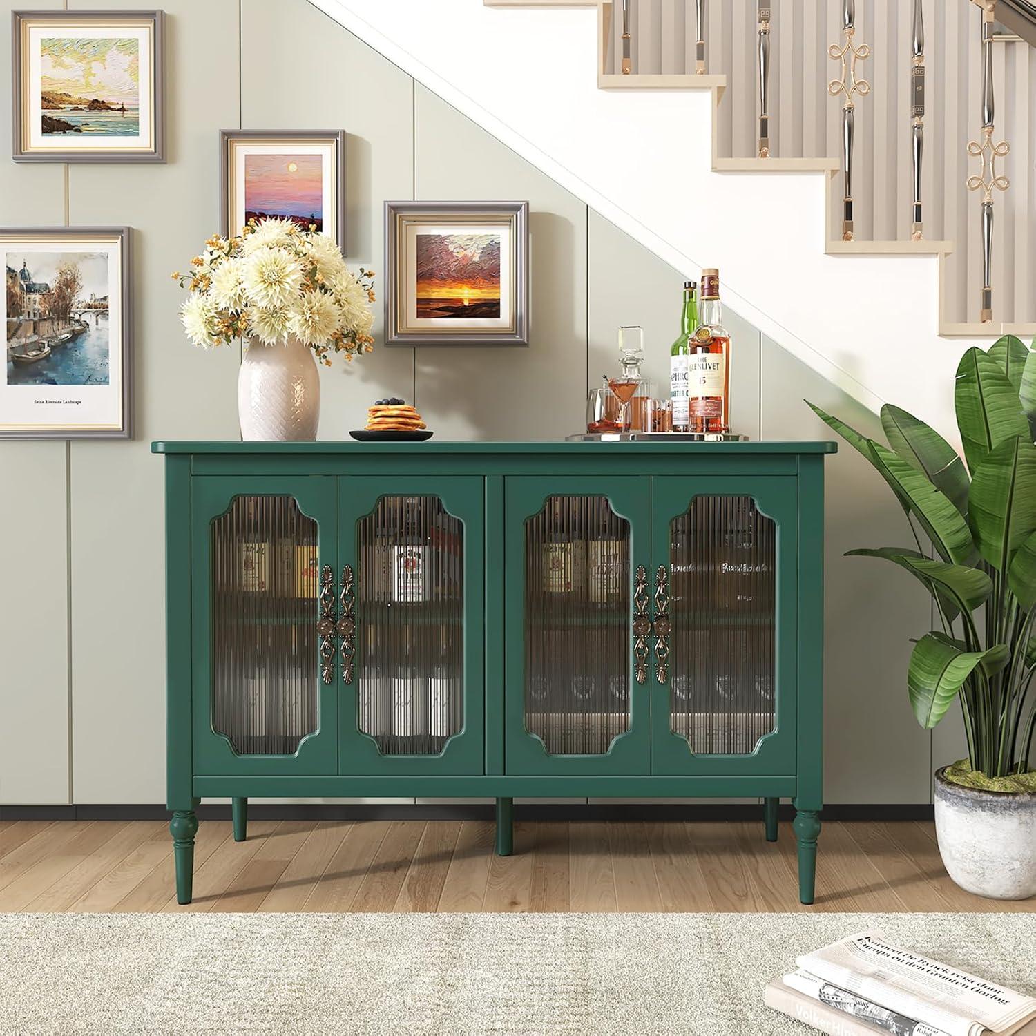 Green Mid-Century Modern Buffet Cabinet with Glass Doors