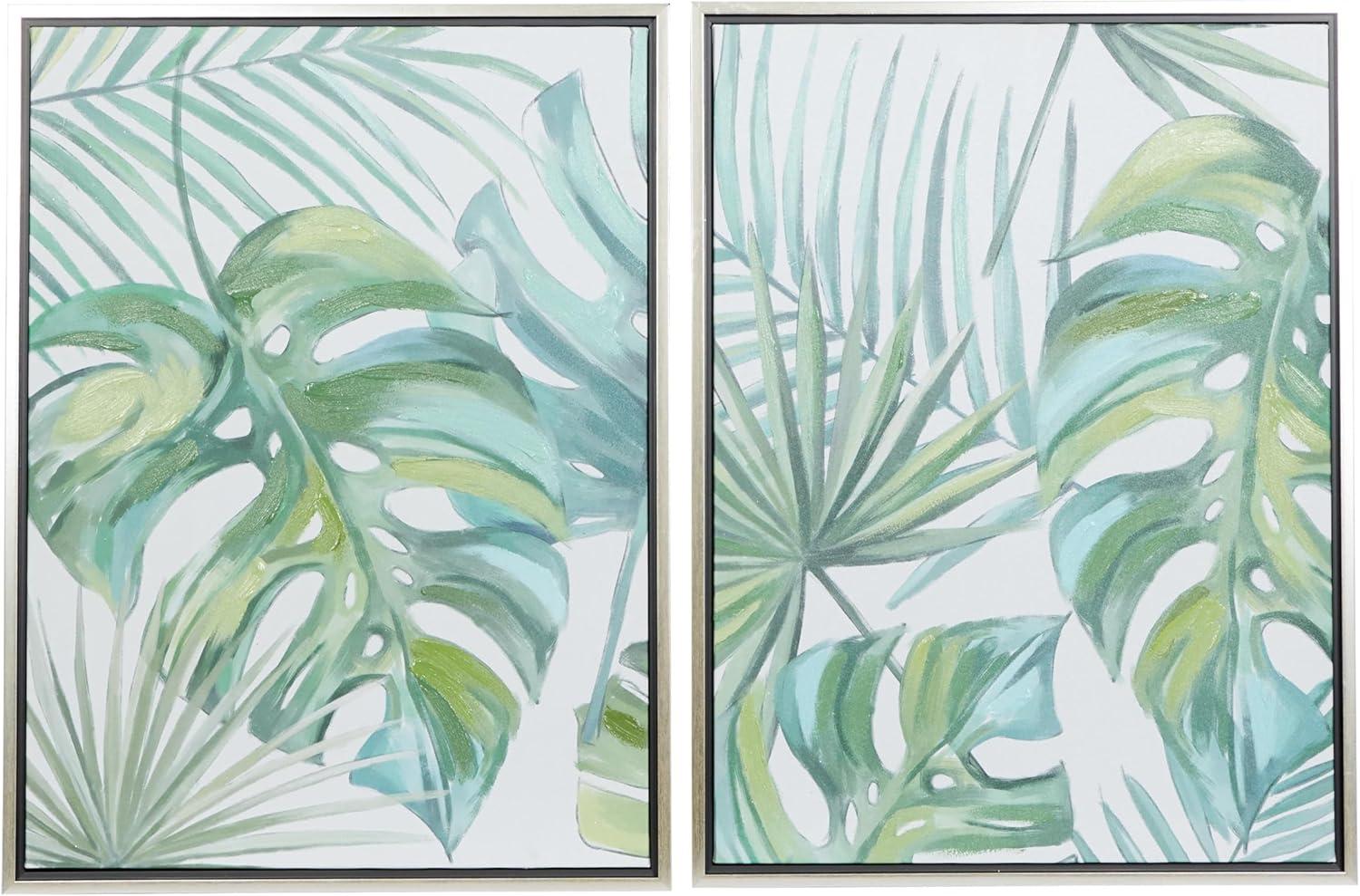 Green Tropical Leaf Framed Canvas Wall Art Set with Silver Frame