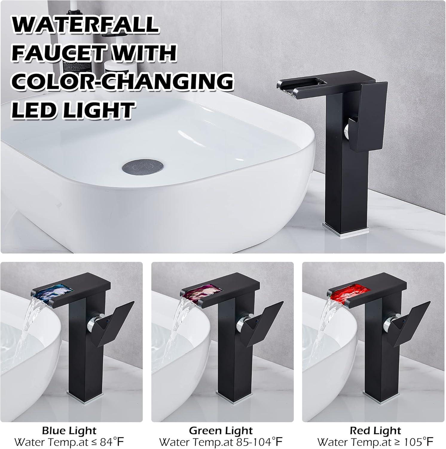 Single Hole Faucet Single-handle LED Bathroom Vessel Sink Faucet with Drain Assembly