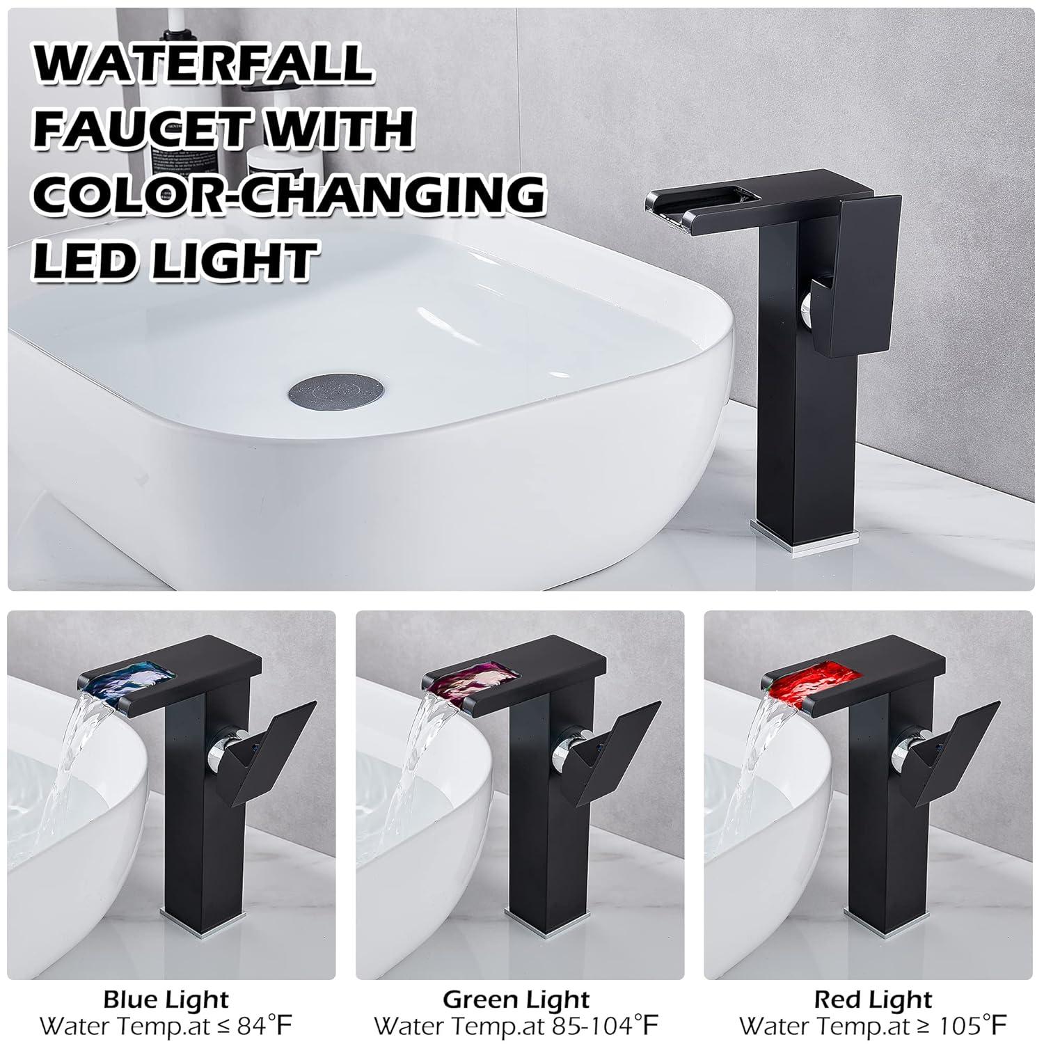 Single Hole Faucet Single-handle LED Bathroom Vessel Sink Faucet with Drain Assembly