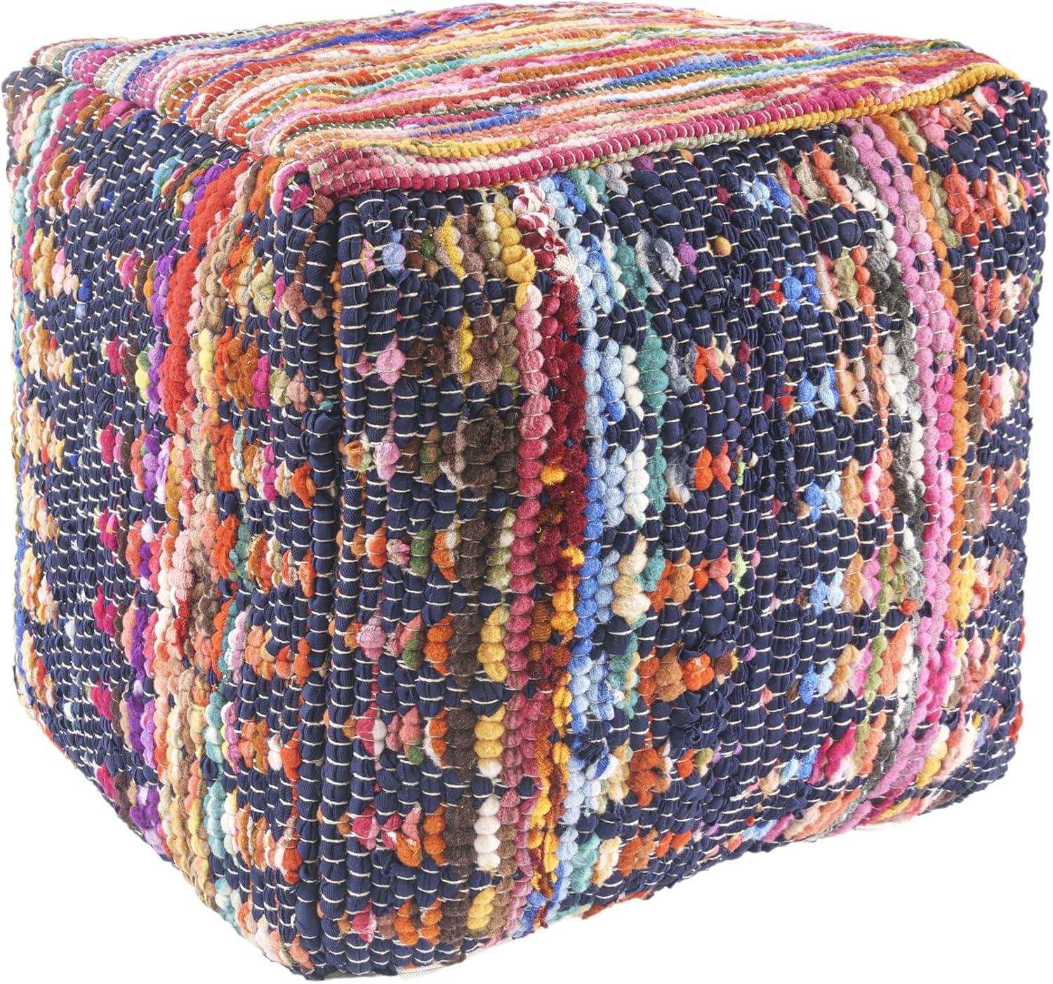 Evette Rios Dillon Denim Shabby Chic Hand-Loomed Cotton Blend Cube Ottoman Pouf