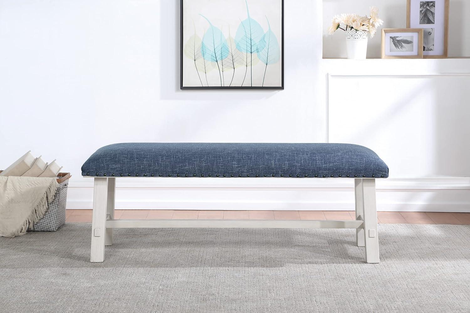 Callen Bench with White Wash Frame and Bronze Nailhead Trim in Navy Fabric