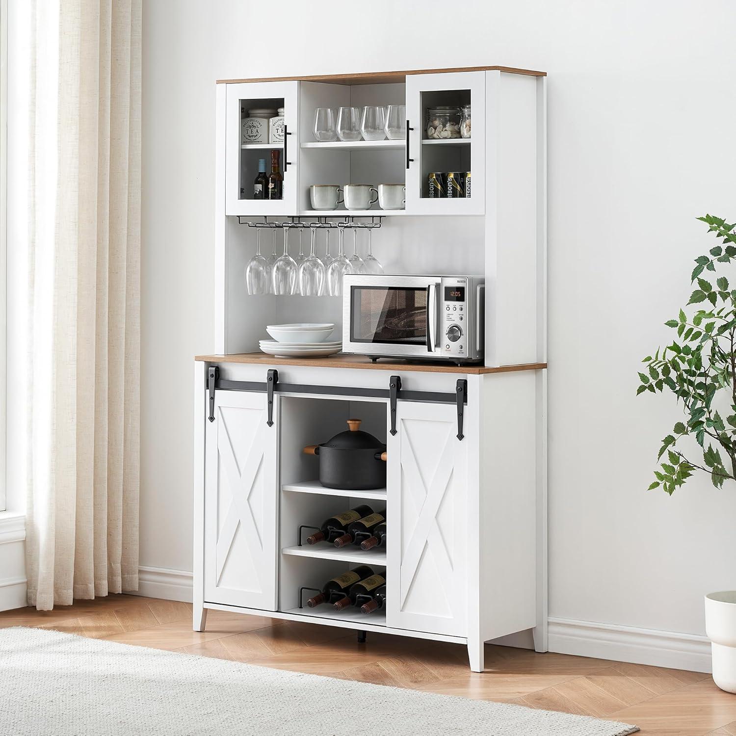 White Farmhouse Kitchen Hutch with Sliding Barn Doors and Wine Rack