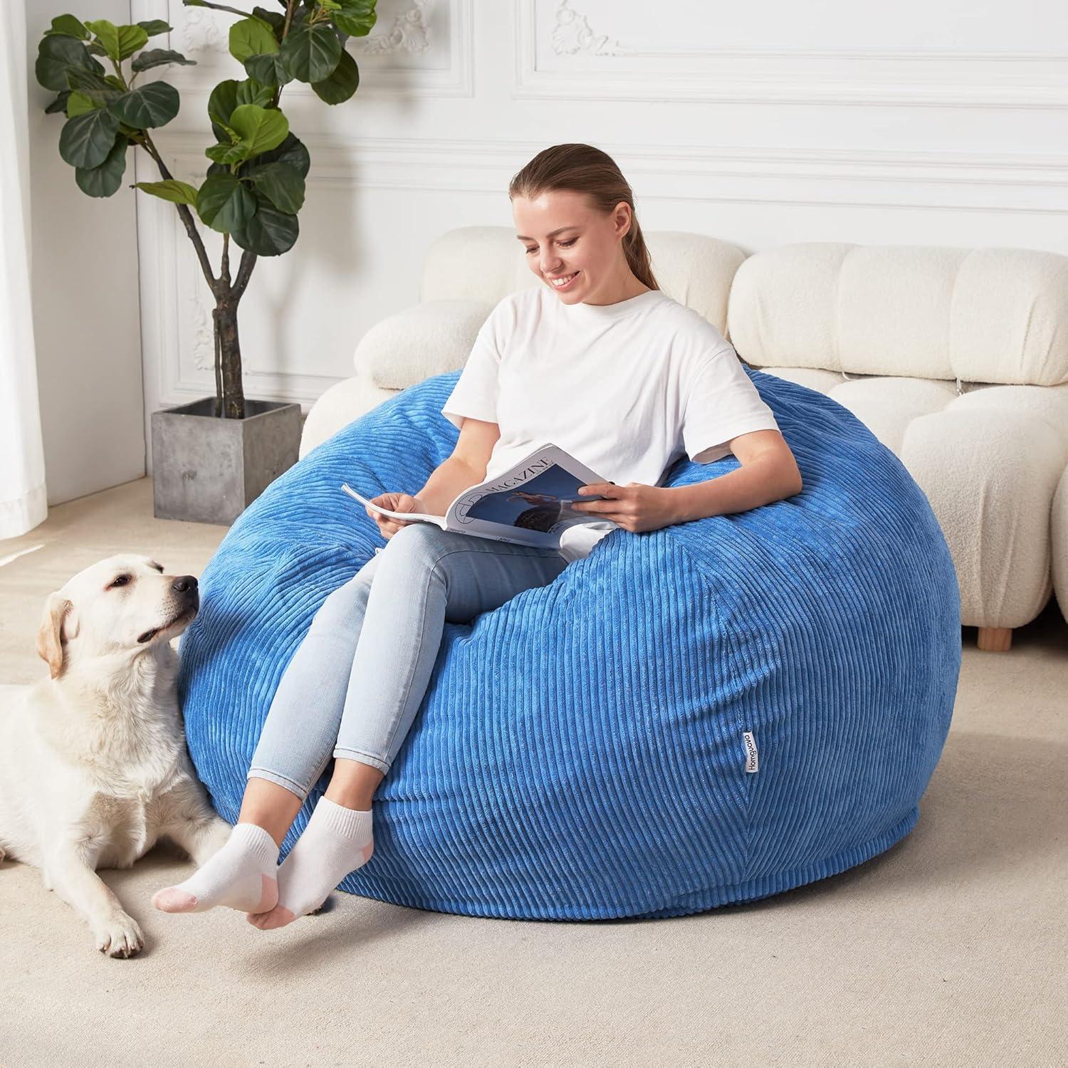 Blue Corduroy Bean Bag Chair with Memory Foam