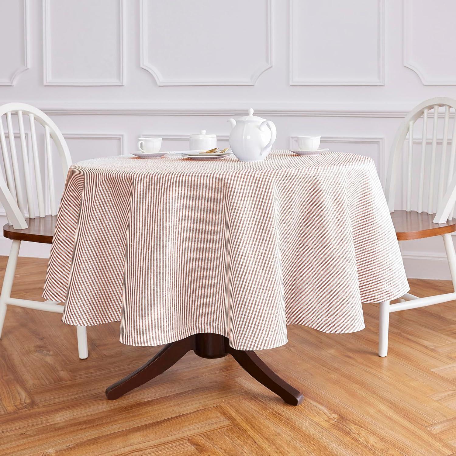 Cinnamon and White Striped Linen Round Tablecloth 60 Inch