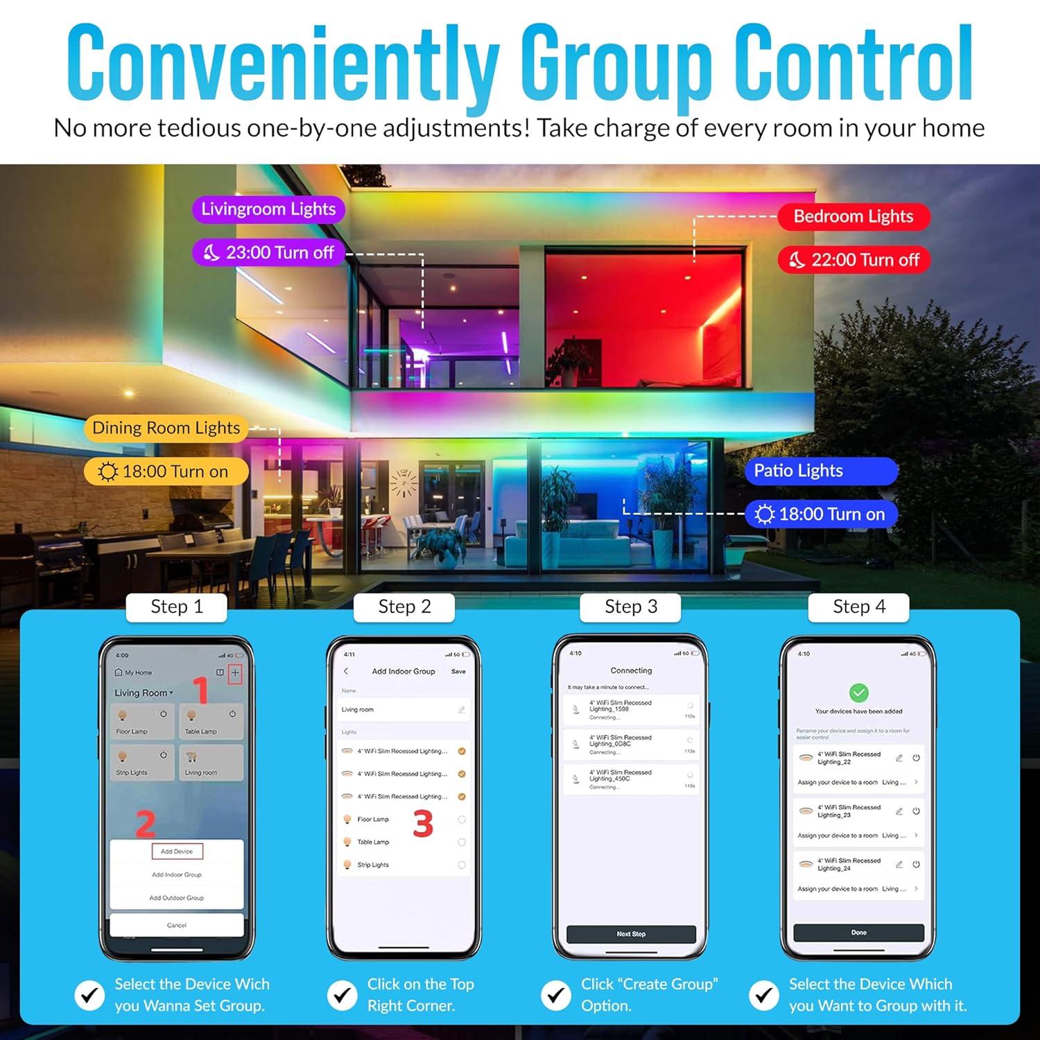 LEDVANS 4 Inch Smart Recessed Light, Color Changing Rgbcw, Voice Control (Set of 4) F-80425