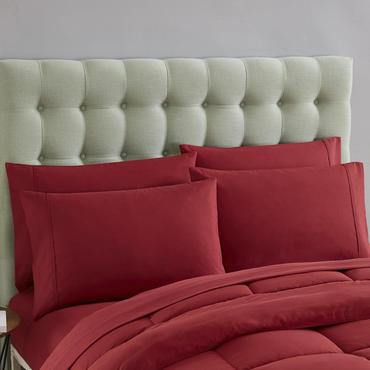 Bed-in-A-Bag Solid Color Comforter & Sheet Set Soft All Season Bedding, King, Red