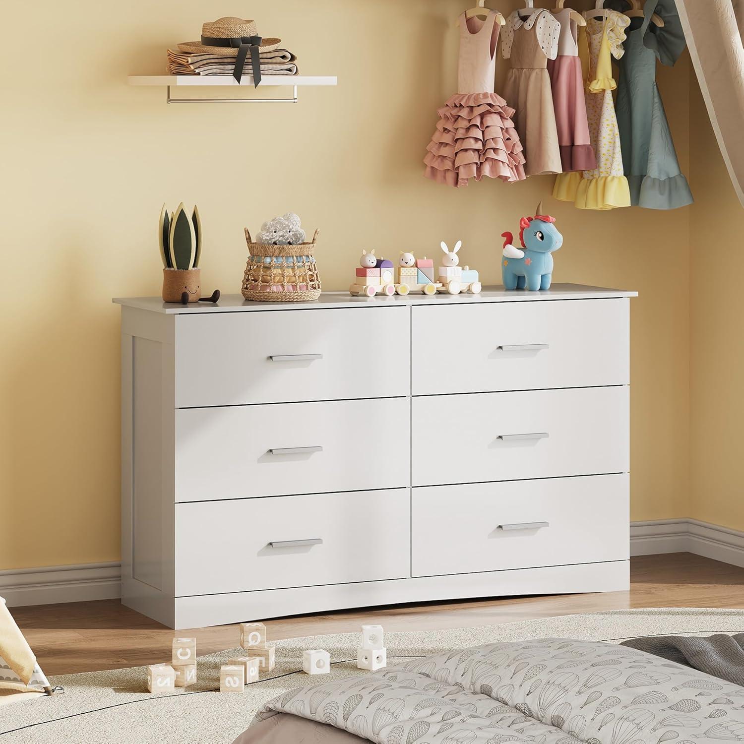 Miekor 6 Drawer Double Dresser for Bedroom, Wide Storage Cabinet for Living Room Home Entryway, White G6054