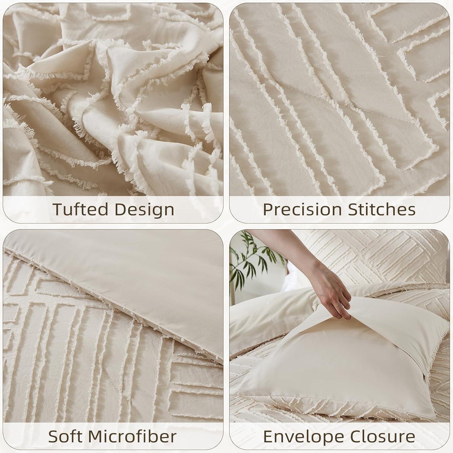 DJY Beige Comforter Set Queen Size, 3 Pieces Tufted Boho Comforter Shabby Chic Bedding Sets, Lightweight Fluffy Comforter Set Queen for All Season (1 Comforter and 2 Pillowcases, 90x90In)
