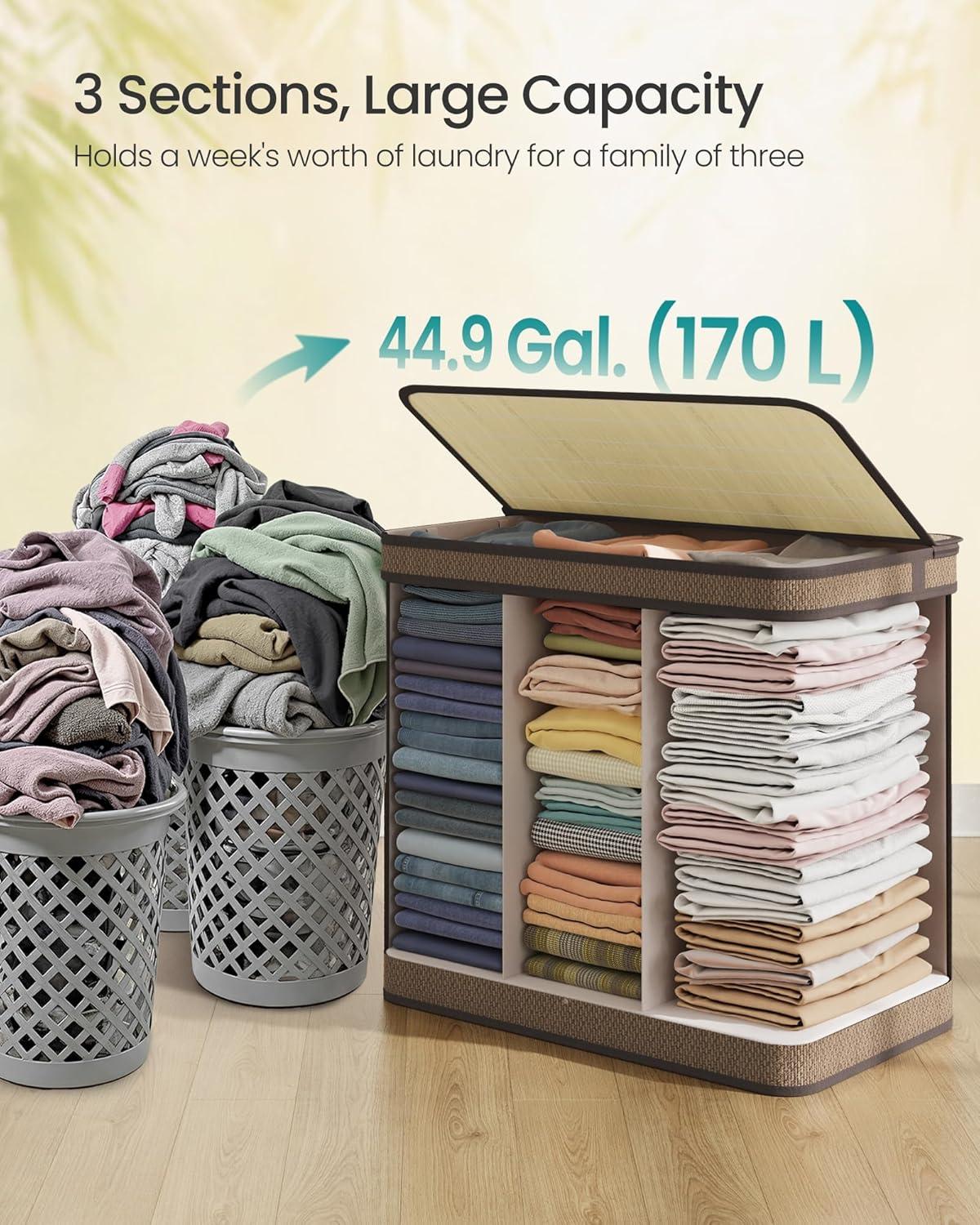100L Laundry Hamper with Lid Bamboo Laundry Basket with Liner Bag Foldable Storage Hamper with Handles Gray