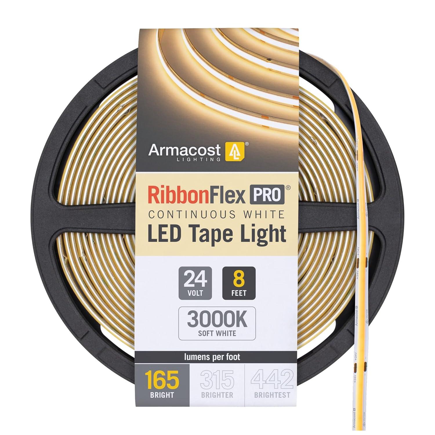 Armacost Lighting RibbonFlex Pro 24V White COB LED Strip Light Tape 3000K, 165 Lumens/Ft, 2.5M 171210