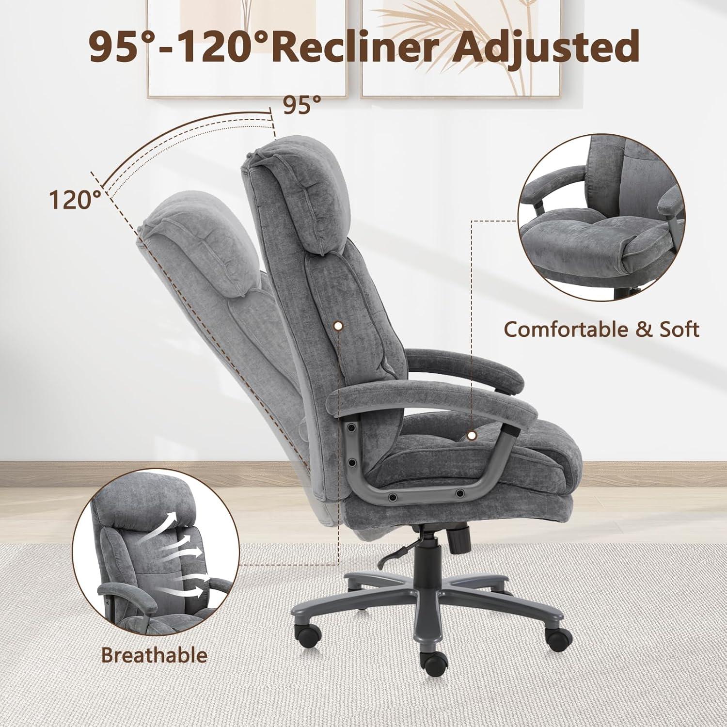 CLATINA Ergonomic Big & Tall Executive Office Chair with Upholstered Swivel 400lbs High Capacity Adjustable Height Thick Padding Headrest and Armrest for Home Office BIFMA Certified Grey