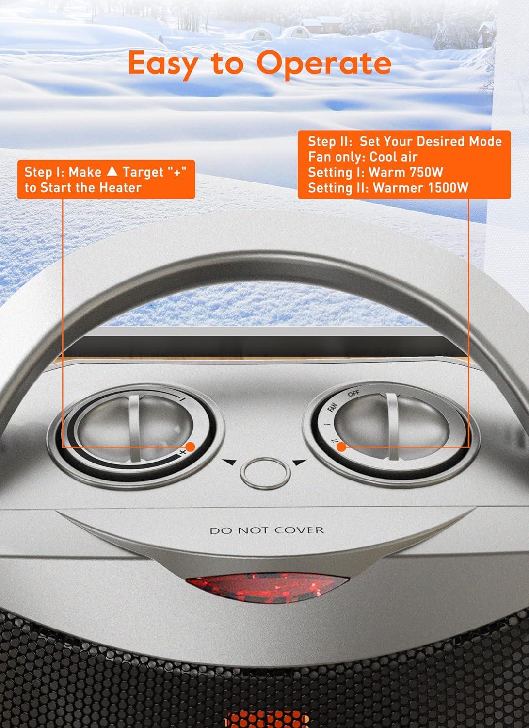 Silver Compact Ceramic Electric Space Heater with Thermostat