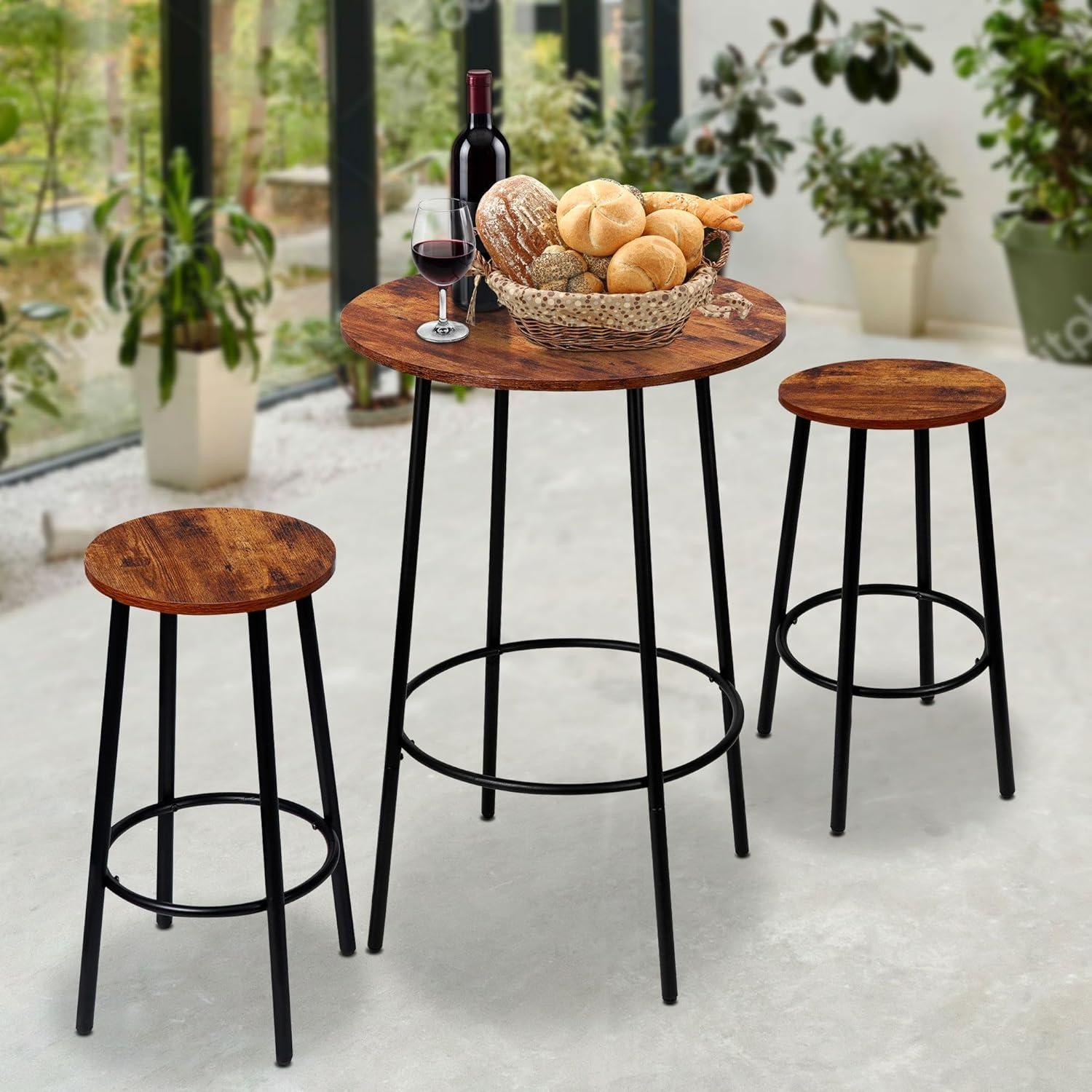 ZENSTYLE 3 Piece Pub Dining Table Set Wooden Round Breakfast Tables w/2 Bar Chairs Stools Brown