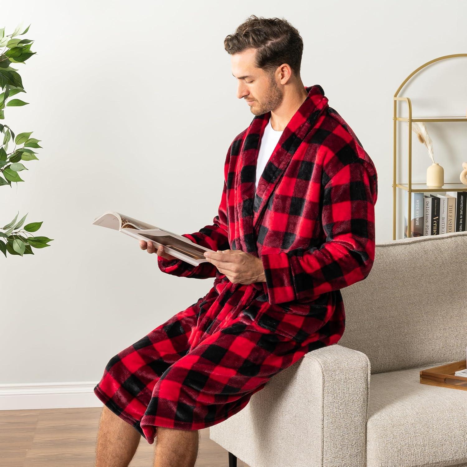 Red and Black Plaid Fleece Mid-Calf Bathrobe