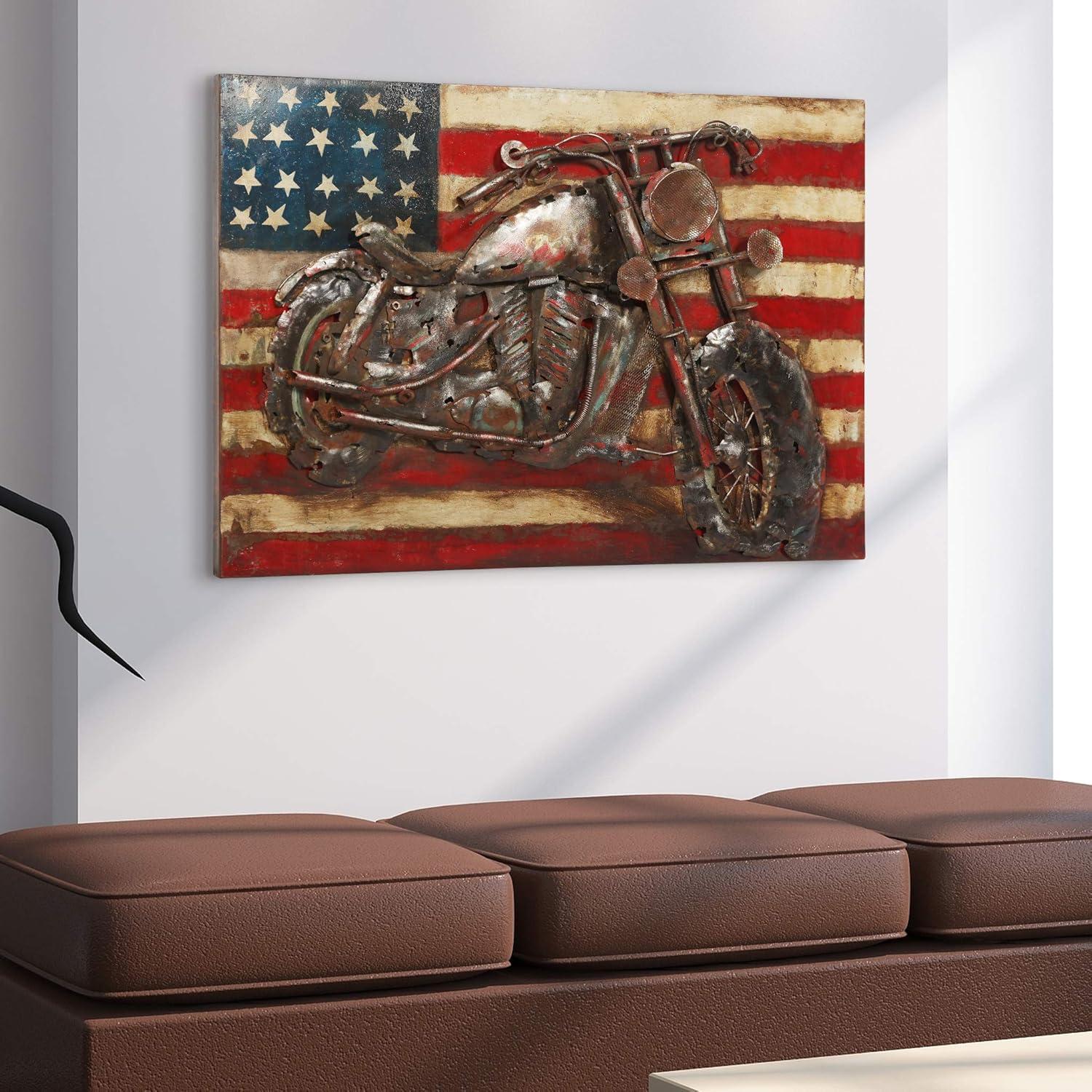 Patriotic Motorcycle Mixed Media Iron Wall Sculpture