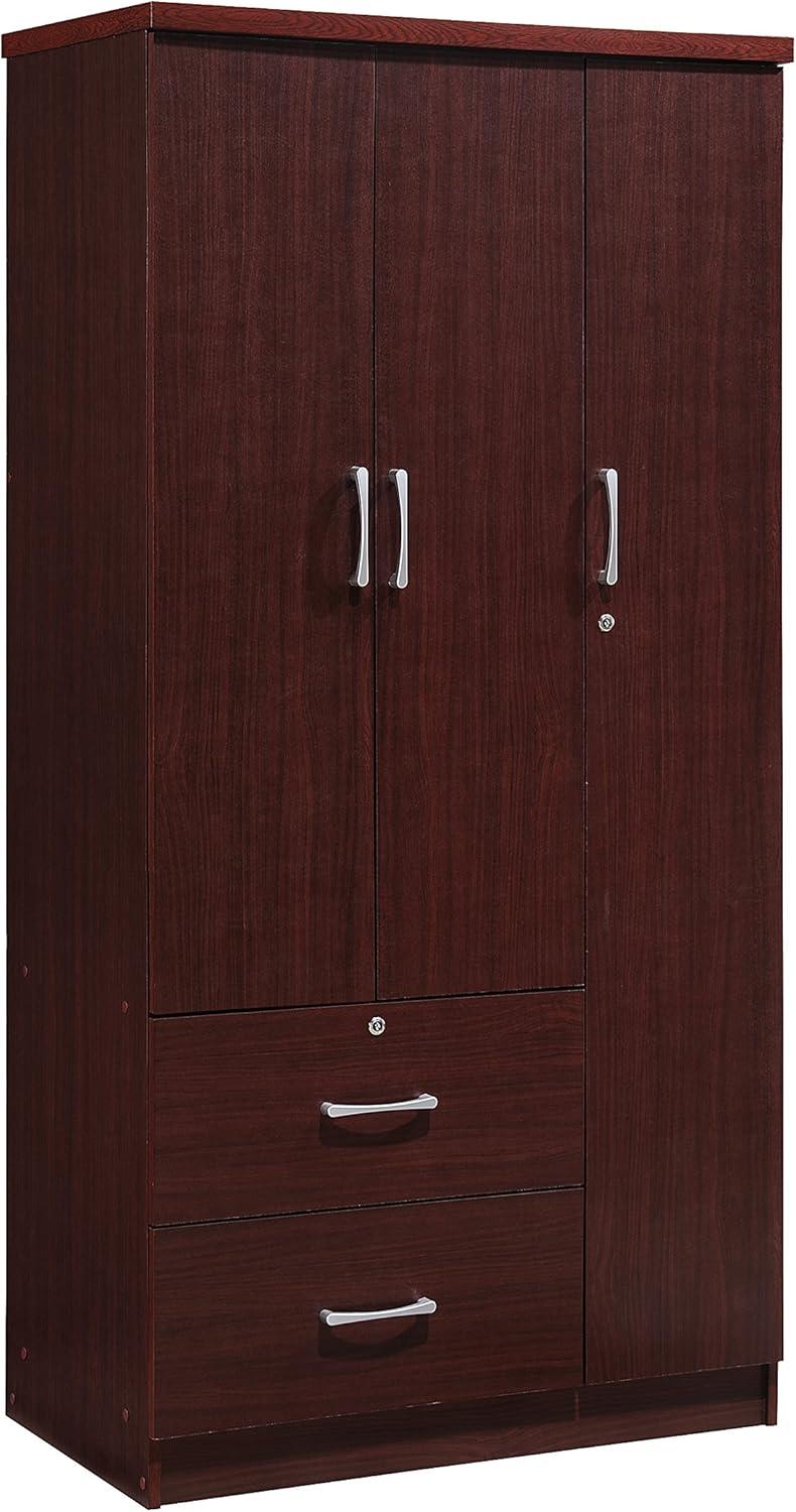 Mahogany 3-Door Armoire with Drawers and Shelves