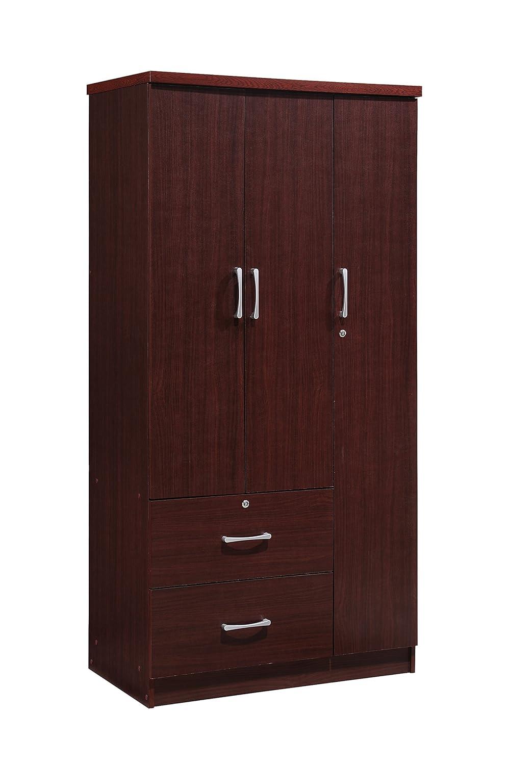 Hodedah Armario de Dormitorio de 3 Puertas con Cajones, Mahogany