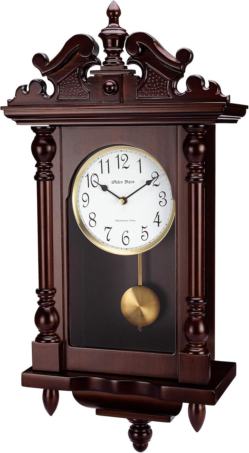 Olden Days Wall Clock with Real Wood, 4 Chime Options, Swinging Pendulum, Antique Vintage Design, 22" Large