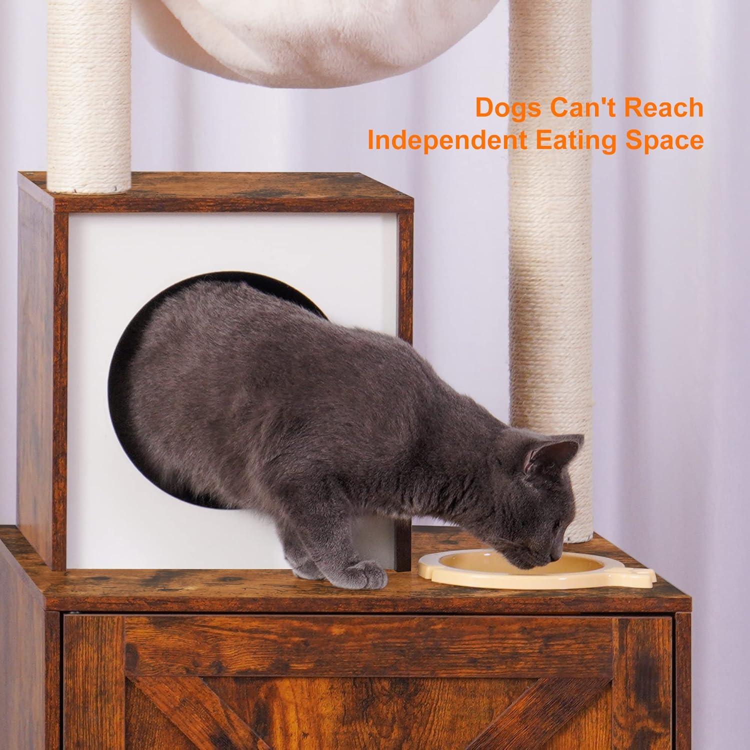 Wood Litter Box Enclosure with Food Station, All-in-one Indoor Cat Furniture with Large Platform and Condo