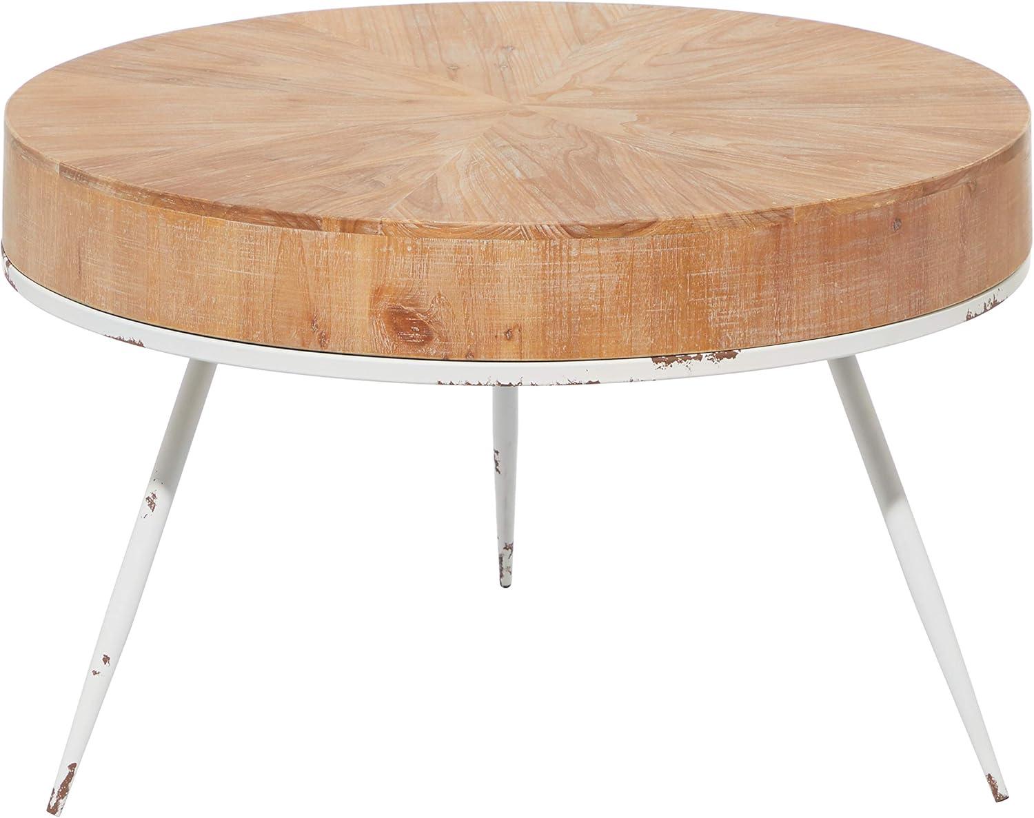 Modern Minimalist Round Coffee Table with White Distressed Iron Legs, 32"W