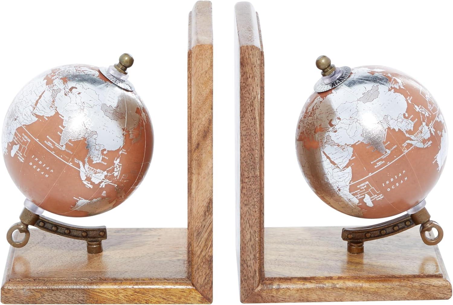 DecMode 6" Globe Brown Wood Bookends (Set of 2)