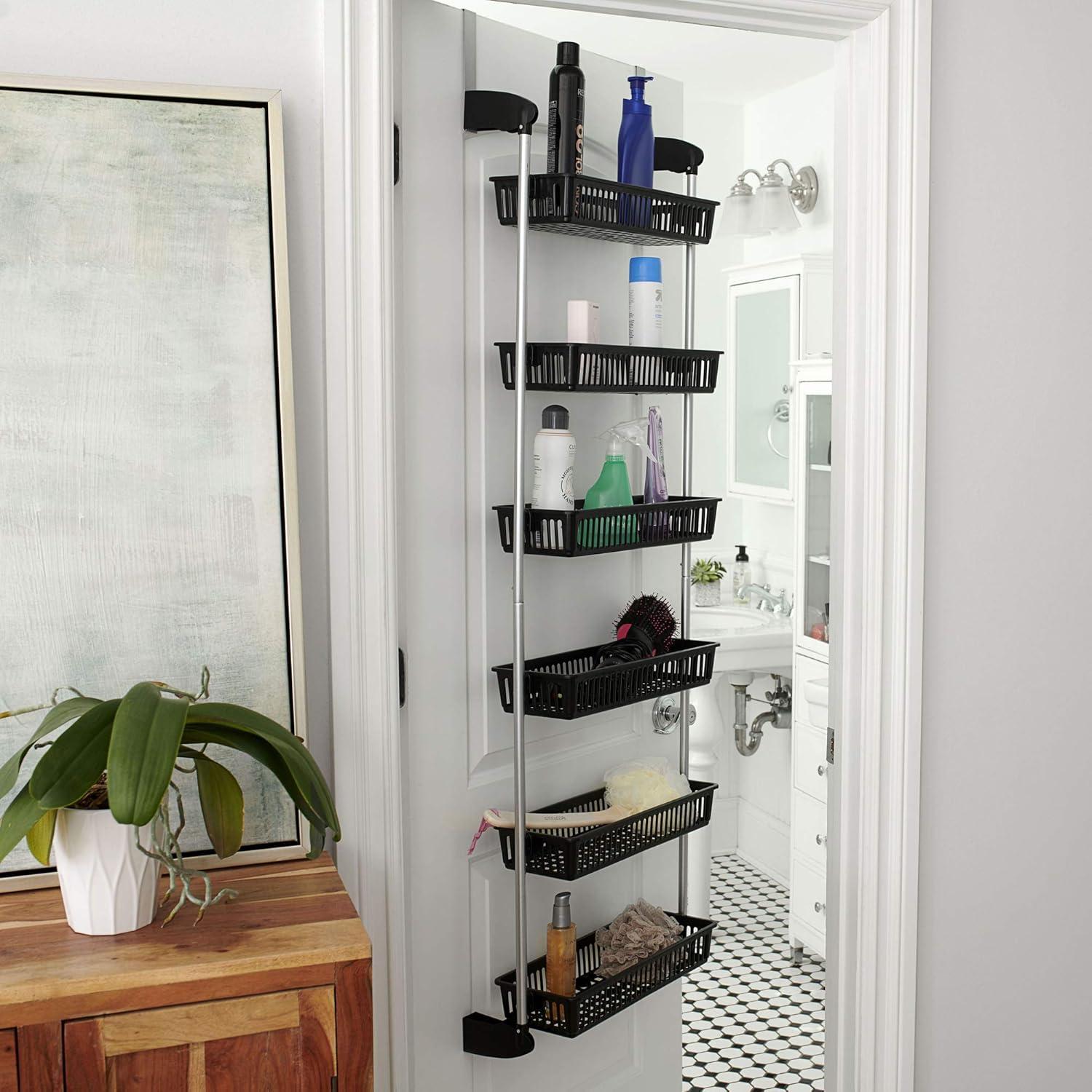 Household Essentials Over the Door Storage Rack, 6 Basket Door Organizer, Great for Use in Pantry as Spice Rack, Black