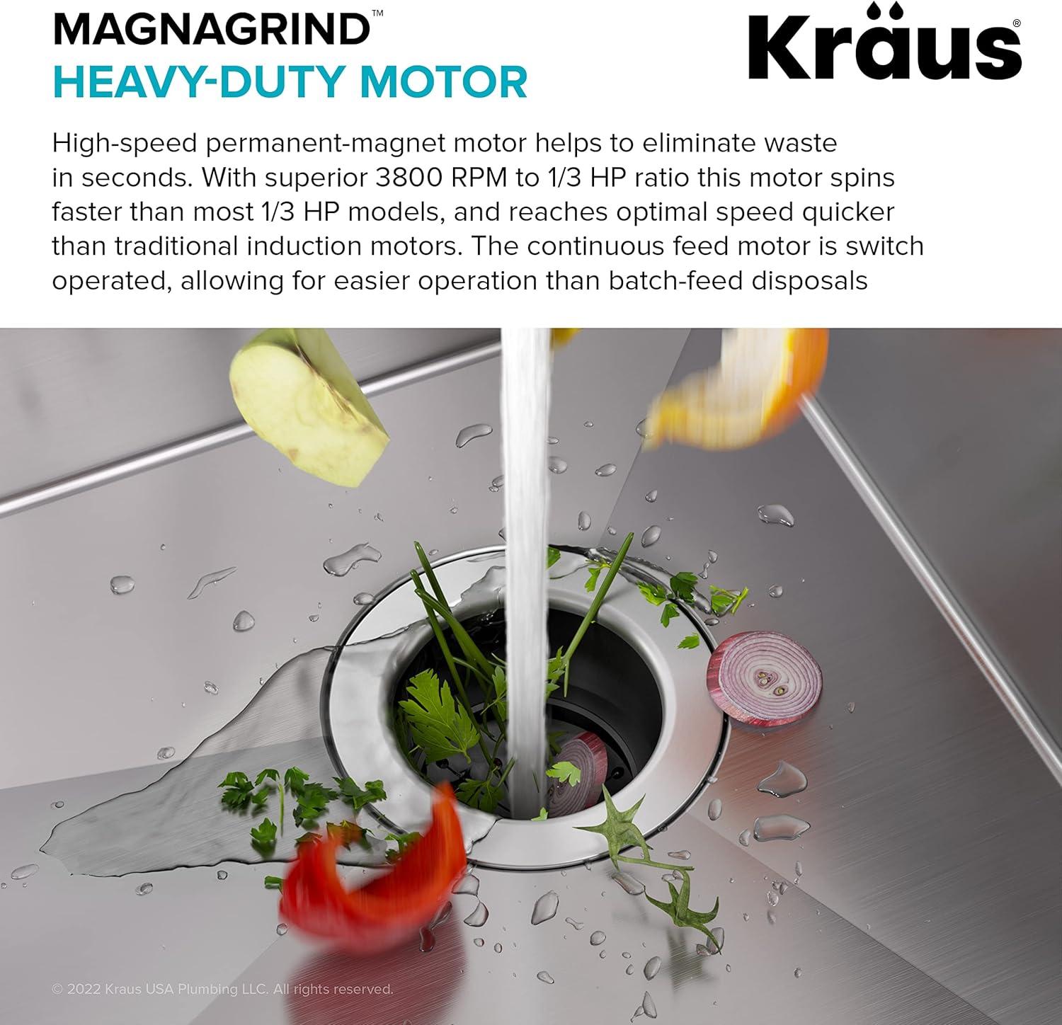 Kraus 1/3 HP WasteGuard High-Speed Ultra-Quiet Motor Garbage Disposal with Quick Connect Mount