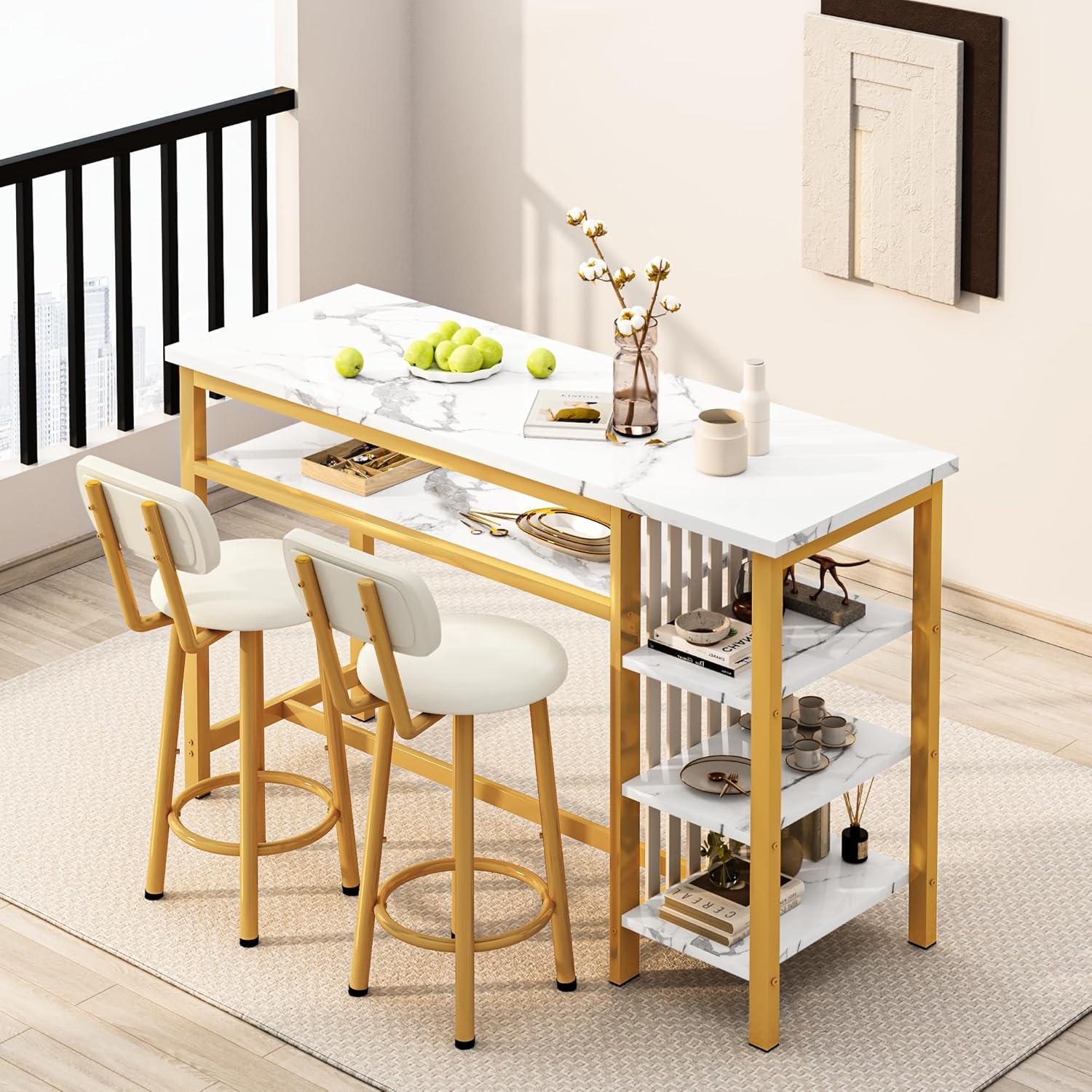 Bar Table and Stools with 3 Shelves, White Faux Marble Table with 2 PU Cushion Bar Stools for Home & Kitchen