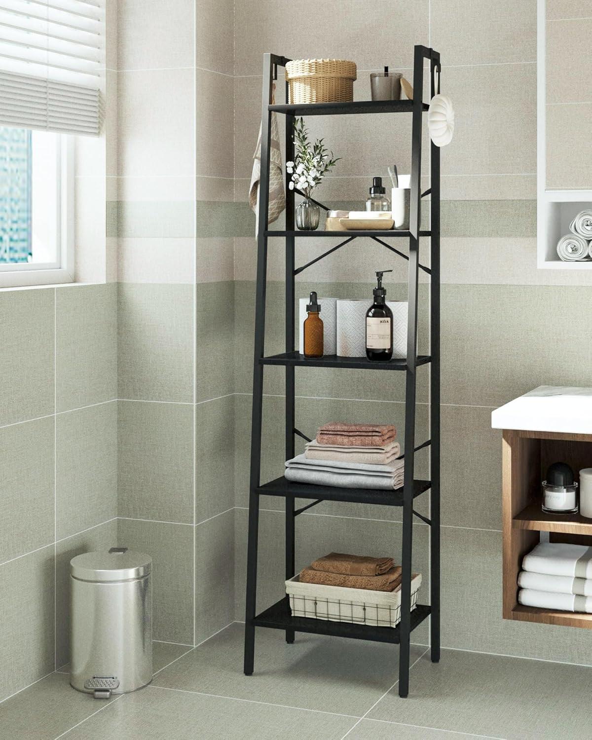 Black Industrial 5-Tier Ladder Corner Bookshelf with Hooks