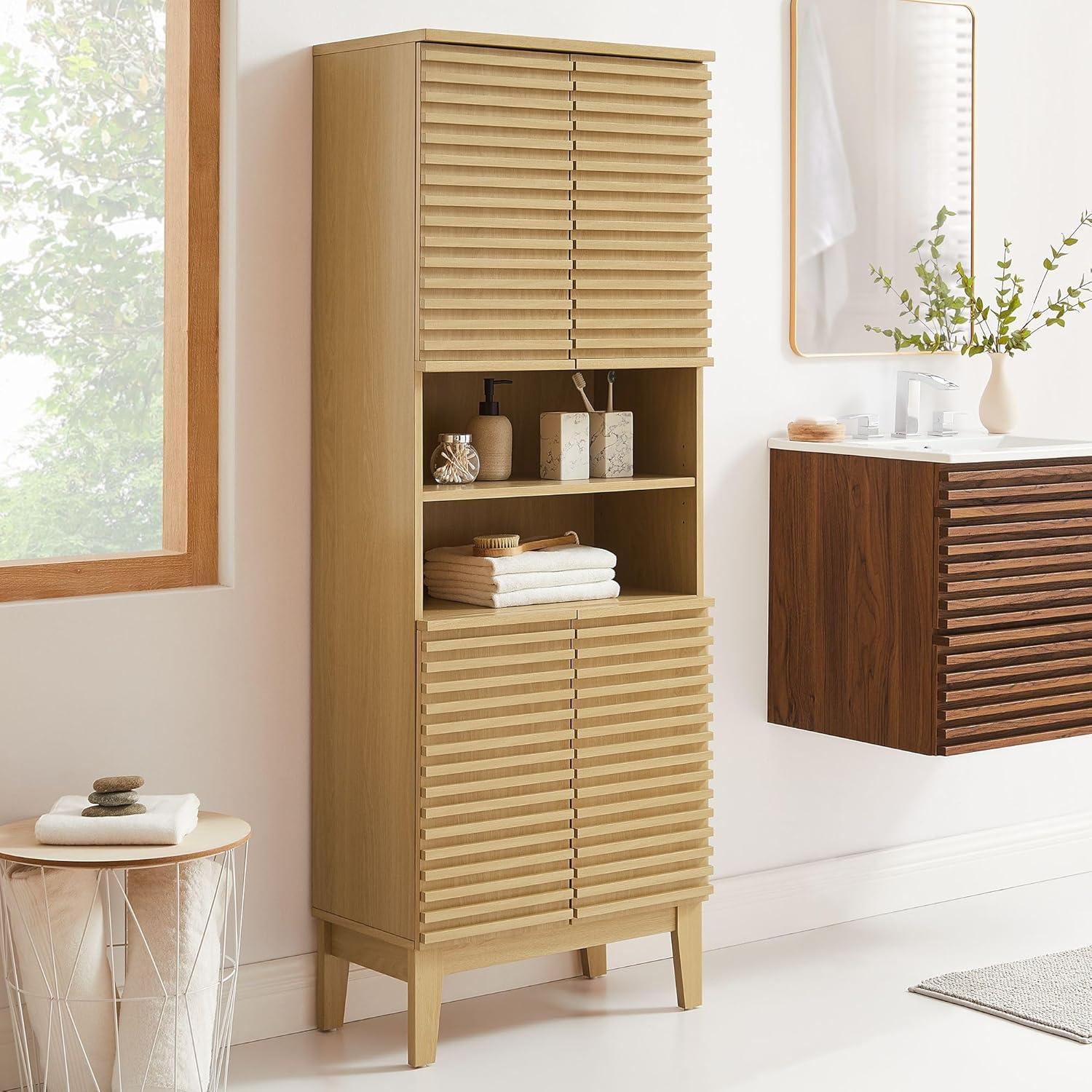 Render Tall Bathroom Storage Cabinet in Oak