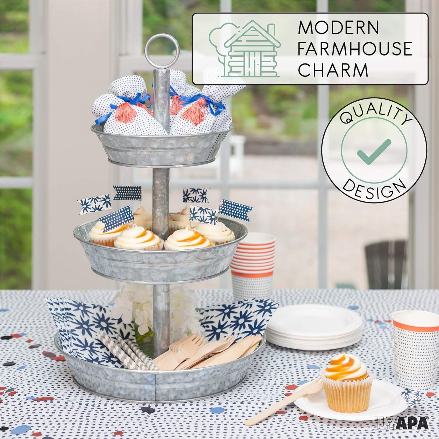 3 Tier Serving Tray - Galvanized, Rustic Metal Stand. Dessert, Cupcake, Fruit & Party Three Tiered Platter. Country Farmhouse Vintage Decor for The Kitchen, Home, Farm & Outdoor by Hallops