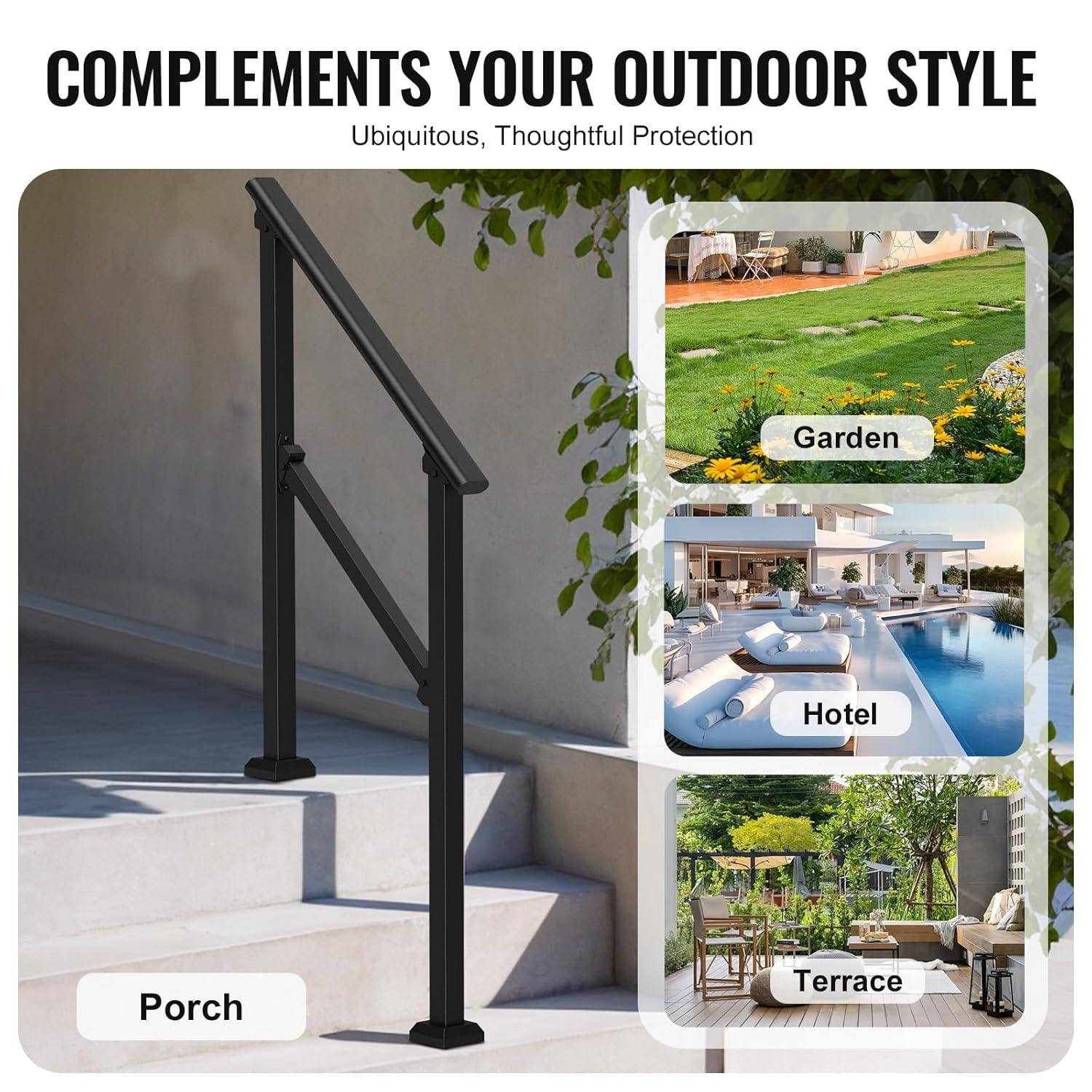 VEVOR Handrails for Outdoor Steps, 2 PCS 2-3 Step Stair Hand Rail Kit, Transitional Carbon Steel Railings with Installation Kit, Stair Rails for Seniors, Concrete & Porch & Deck, Black Square Tube