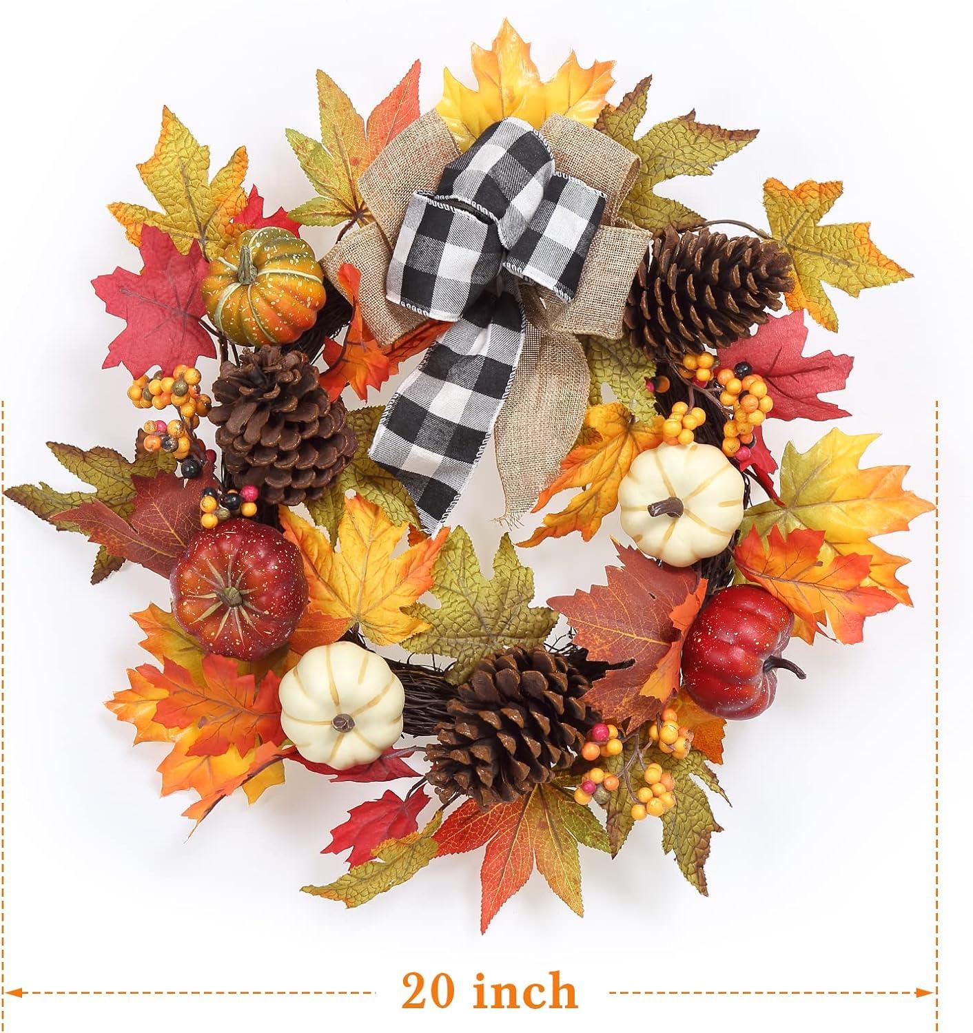 Thanksgiving Wreaths for Front Door,20 Inch Autumn Harvest Wreath with Pumpkin and Maple Leaf Decorations, Perfect for Home Outside Farmhouse Indoor Decor,Black&White Ribbon