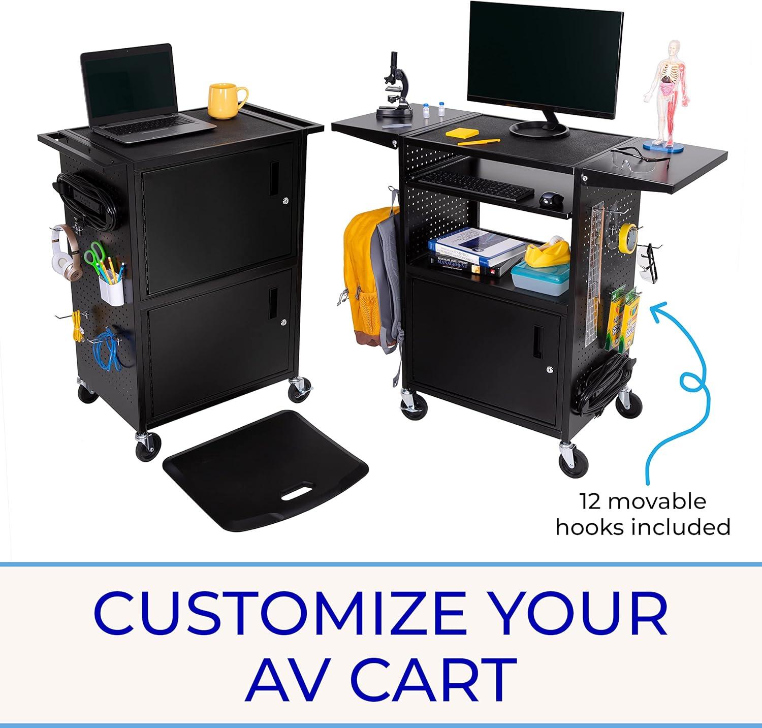 Line Leader Stellar AV Cart / Carro para Computadora con Guarnición de Tablero Perforado y 12 Ganchos para Almacenamiento/armario de Bloqueo Personalizable y Bandeja para Teclado Extraíble / Tomas de Corriente Certificadas de Seguridad UL / Ruedas de Bloqueo
