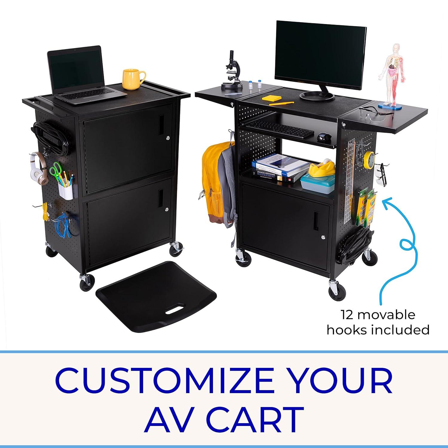 Line Leader Stellar AV Cart / Carro para Computadora con Guarnición de Tablero Perforado y 12 Ganchos para Almacenamiento/armario de Bloqueo Personalizable y Bandeja para Teclado Extraíble / Tomas de Corriente Certificadas de Seguridad UL / Ruedas de Bloqueo