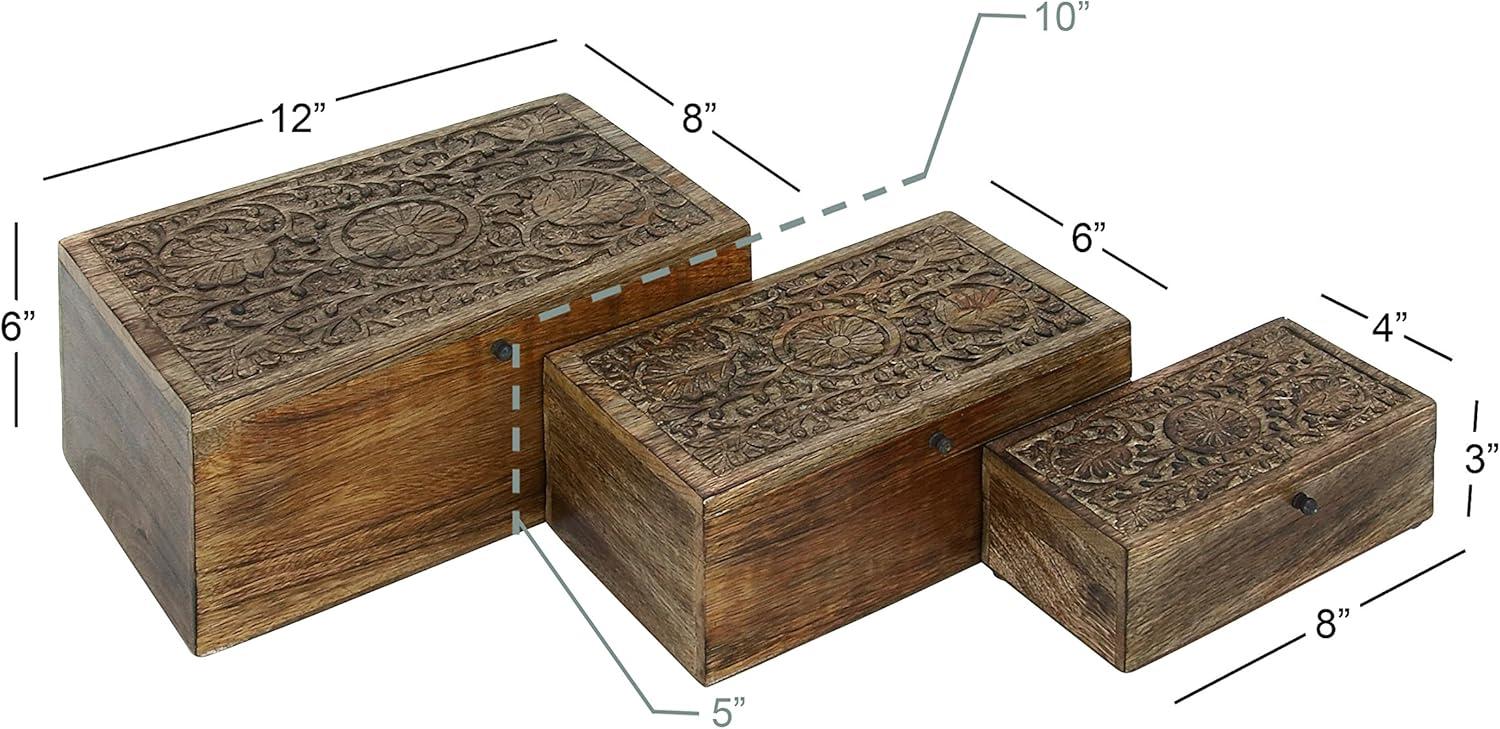 Rustic Mango Wood Floral Carved Lidded Box Set