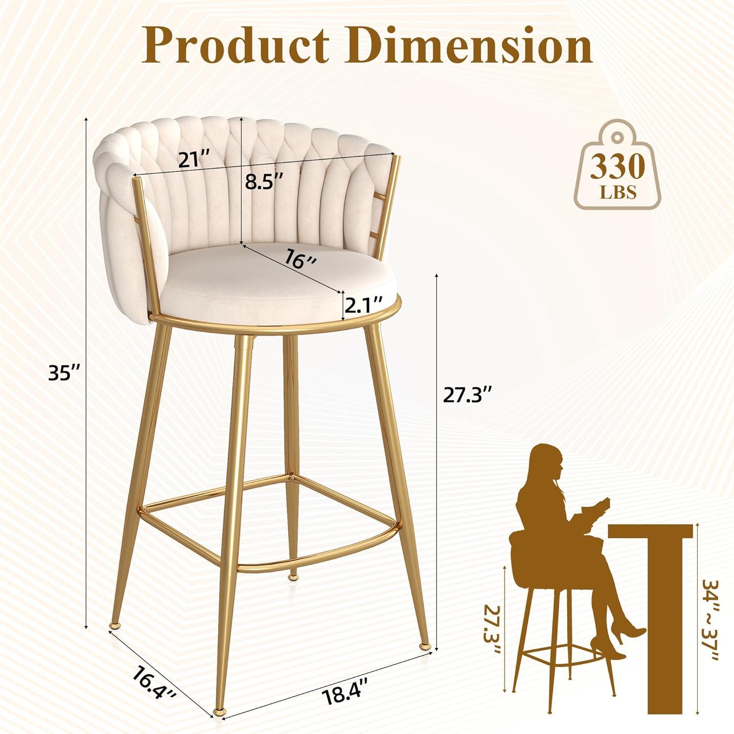 Counter Height Stools Set of 2, Velvet Bar Stools with 27 Inches Upholstered Seat Height, Handmade Woven Back Armrest, Sturdy Golden Metal Legs for Home Dining Pub Kitchen Island, Beige