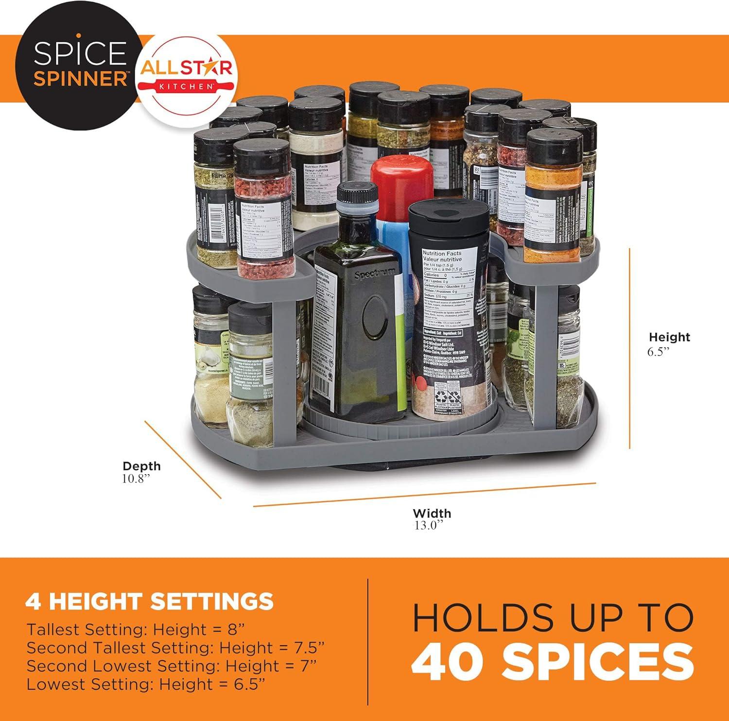 spice spinner two-tiered spice organizer & holder that saves space, keeps everything neat, organized & within reach with dual spin turntables- grey