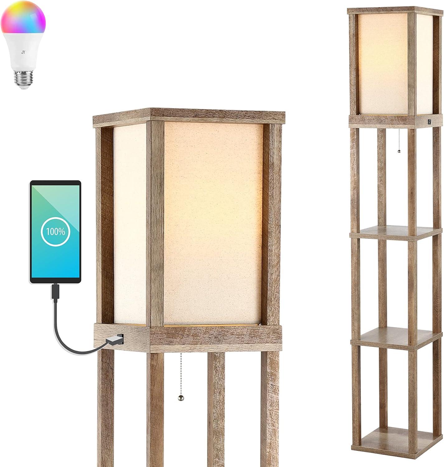 Etagere 63.5" Rustic Bohemian Wooden LED 3-Shelf Floor Lamp with Pull-Chain, USB Charging Port and Smart Bulb, Brown