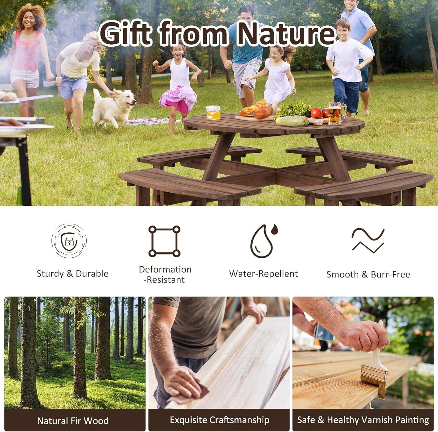 70" Brown Wooden Round Picnic Table with Built-In Benches