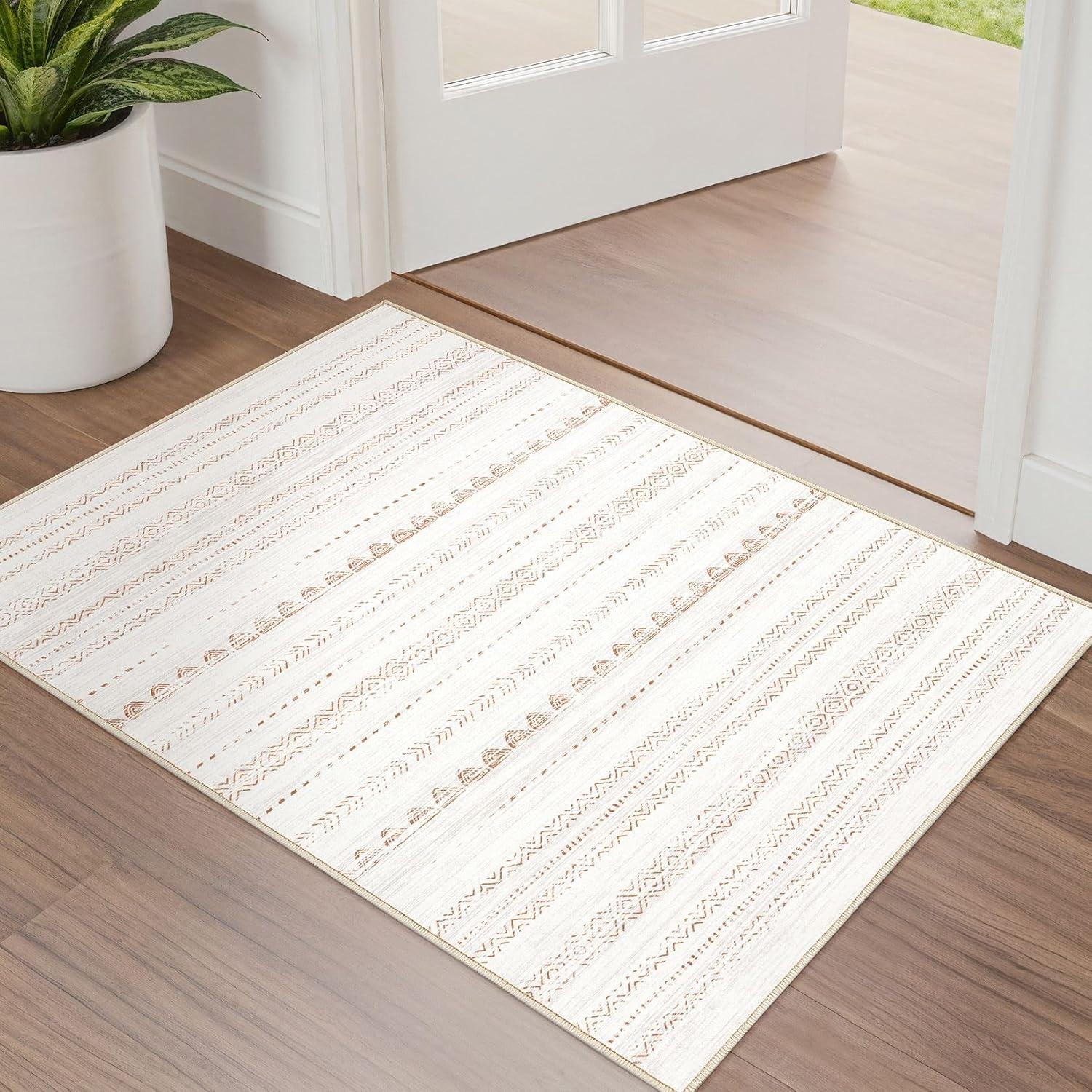 Nakagishi 2X3 Rug Washable Area Rug: Small Soft Boho Farmhouse Neutral Moroccan Non Slip Indoor Low Pile Accent Floor Throw Carpet for Bedroom Bathroom Entryway Kitchen Hallway Closet Home- Brown