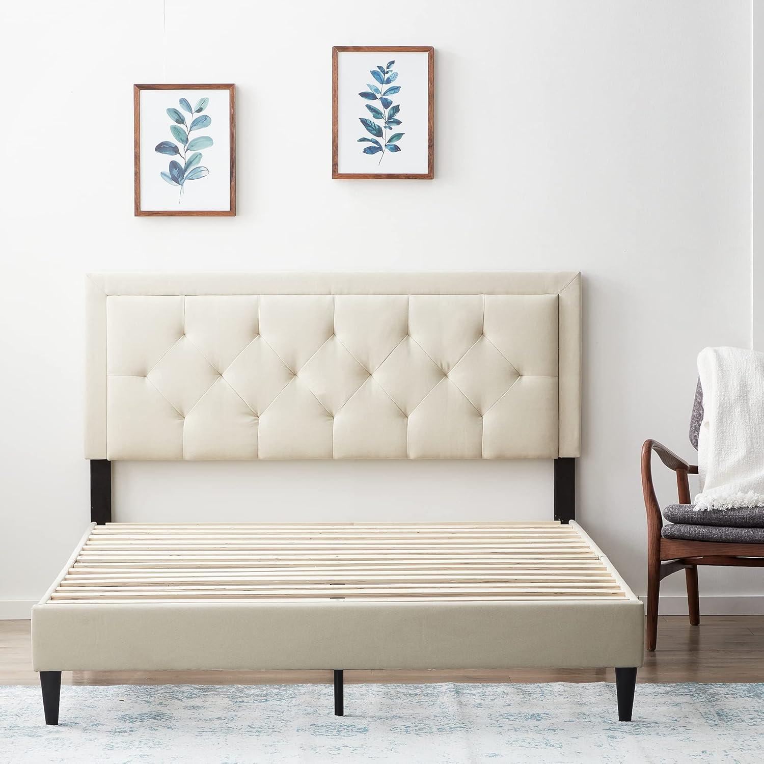 Full Size Beige Linen Upholstered Platform Bed with Tufted Headboard