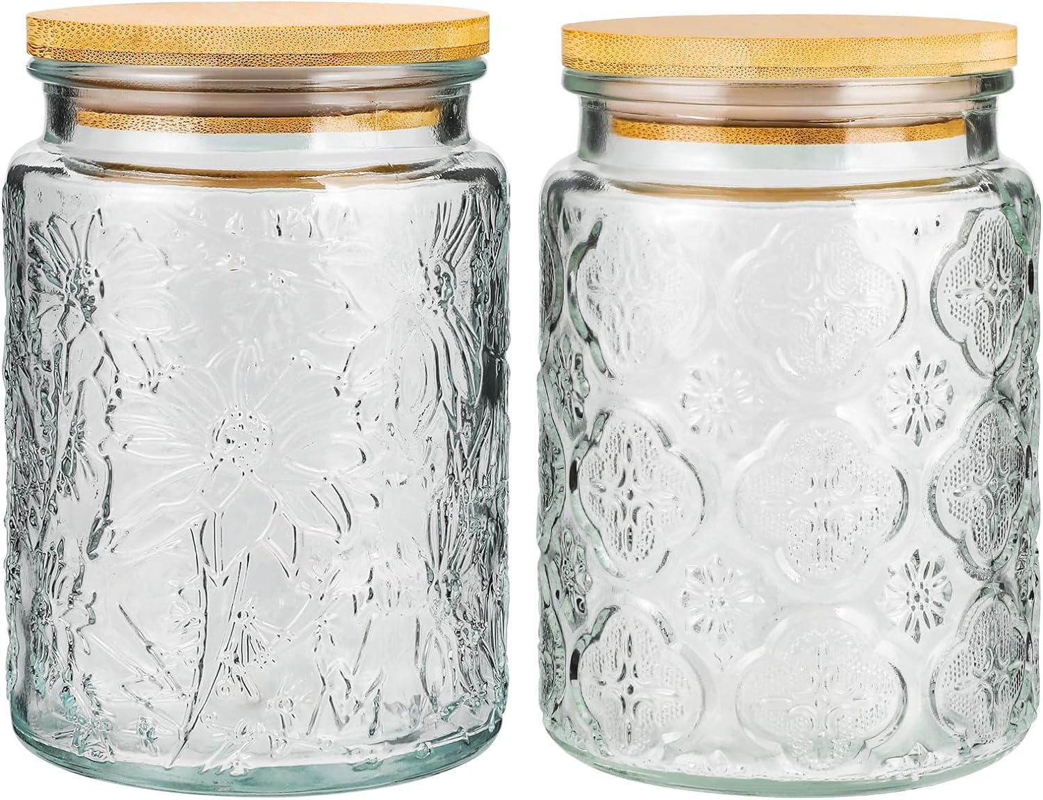 Vintage Clear Glass Jars with Bamboo Lids, Set of 2