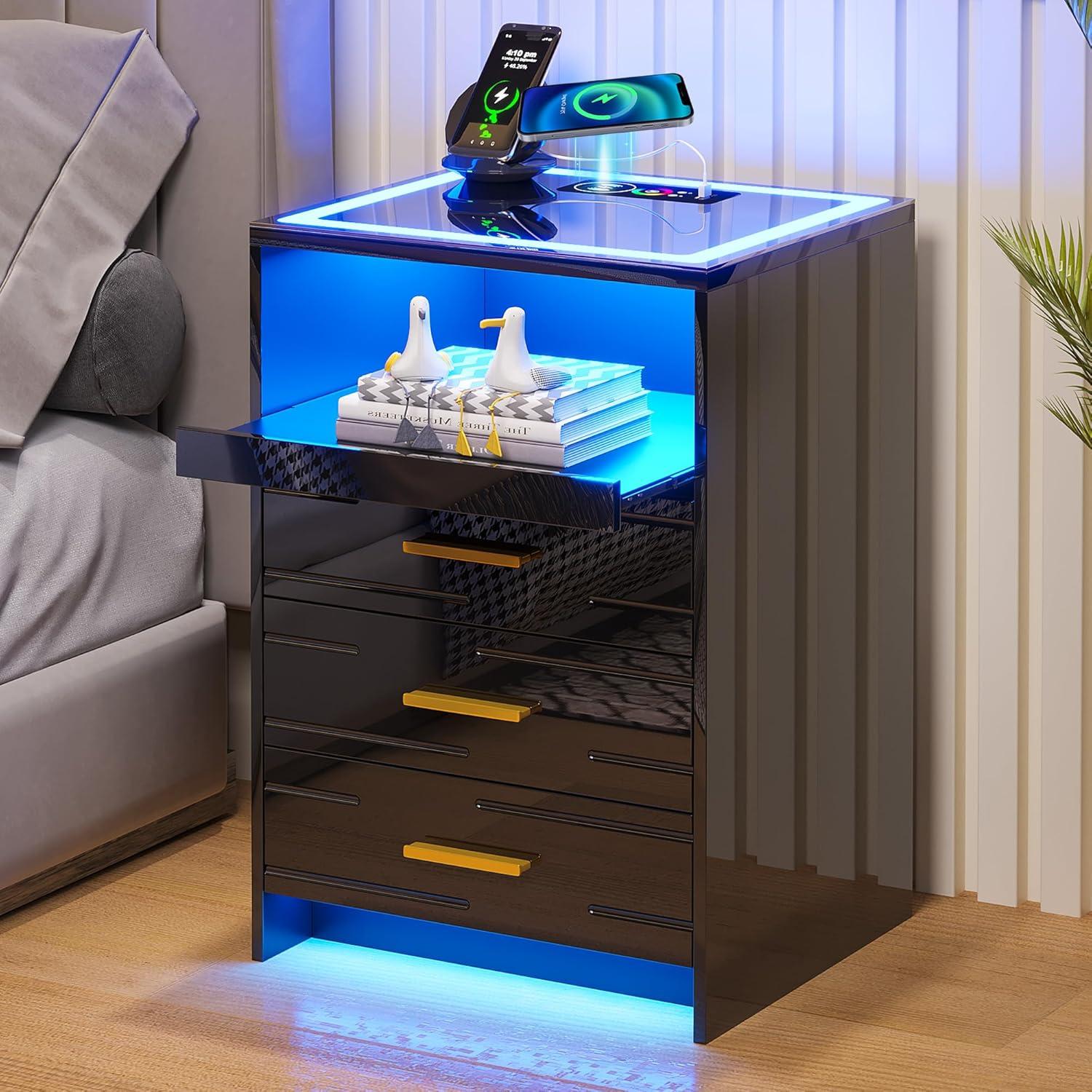 HNEBC Smart LED Nightstand with Wireless Charging & USB Ports, High Glossy Night Stand with 3 Drawers and 1 Pull-Out Tray, Modern Bedside Table with Human Sensor for Bedroom (White)