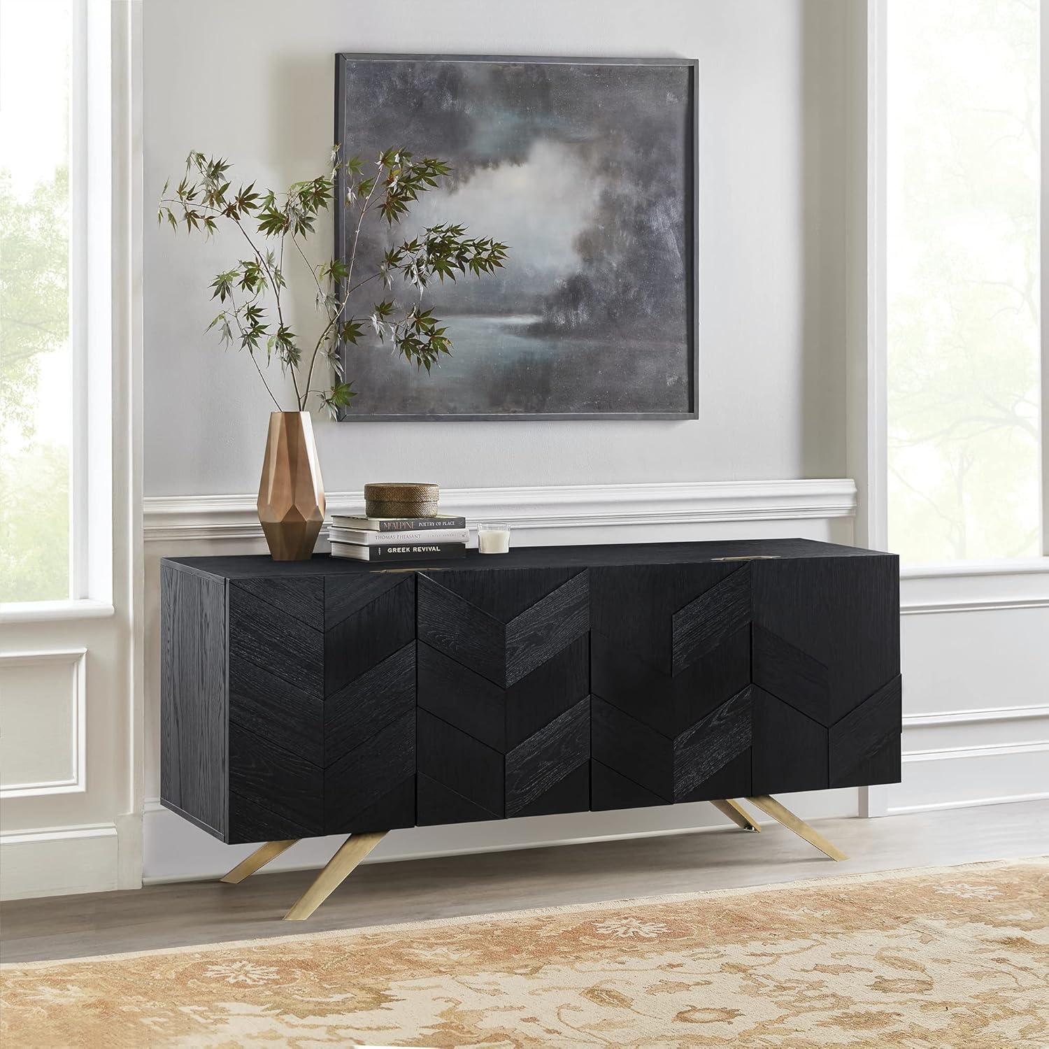 Lombard Modern Chevron Black Brushed Oak Sideboard with Brass Legs