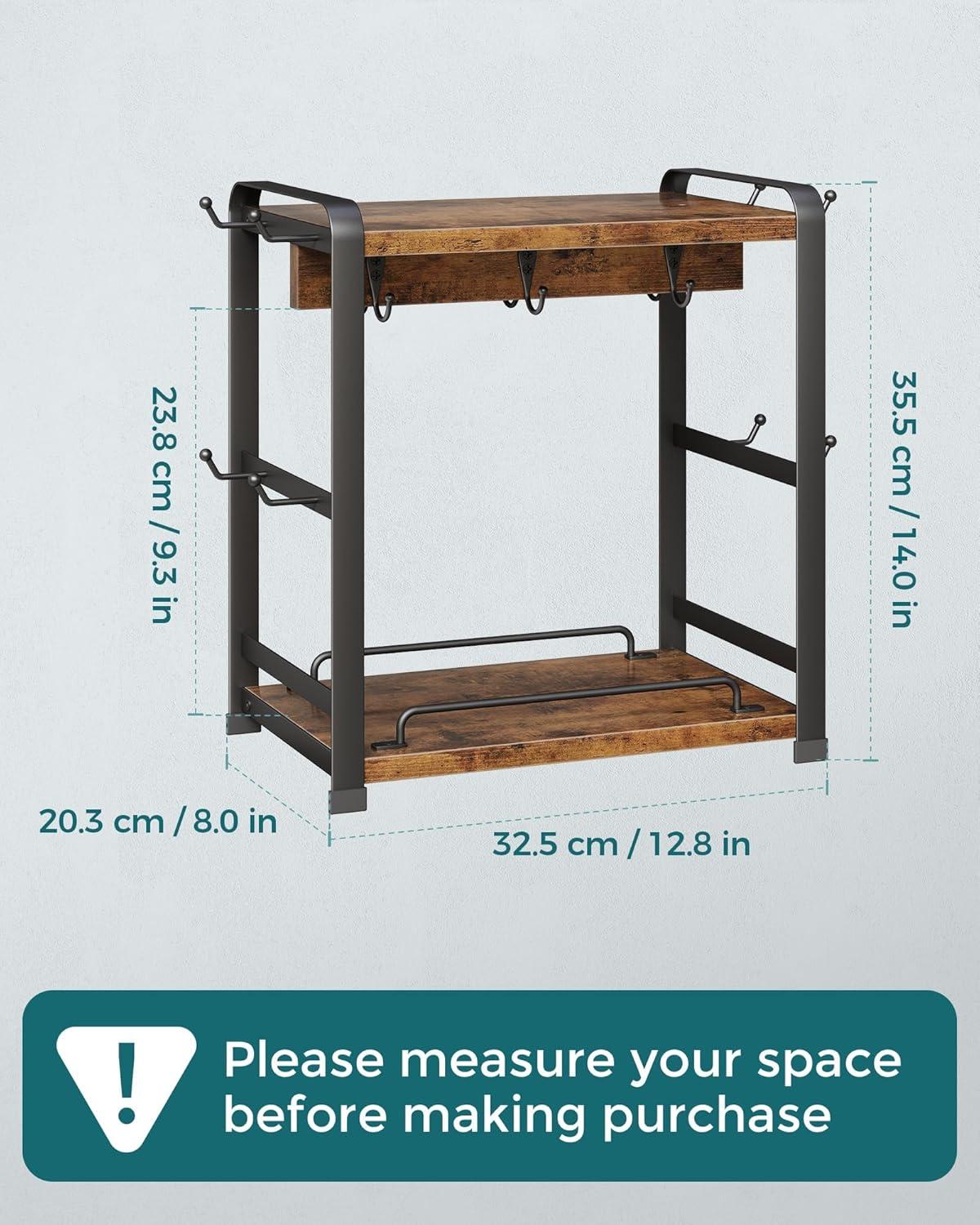 17 Stories Coffee Bar Organizer With 14 Mug Hooks, Wood Coffee Mug Holder Stand For Countertop, 2 Tier Coffee Station Organizer For Coffee Cups, Mugs, Syrups, Accessories