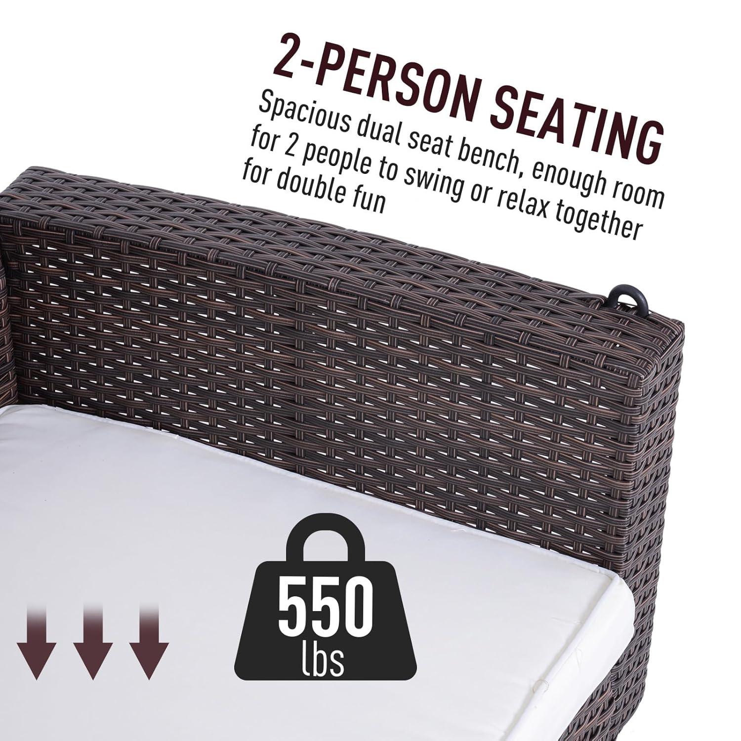 Outsunny 2 Person Wicker Hanging Swing Bench, Front Porch Swing Outdoor Chair with Cushions for Backyard, Garden, Brown